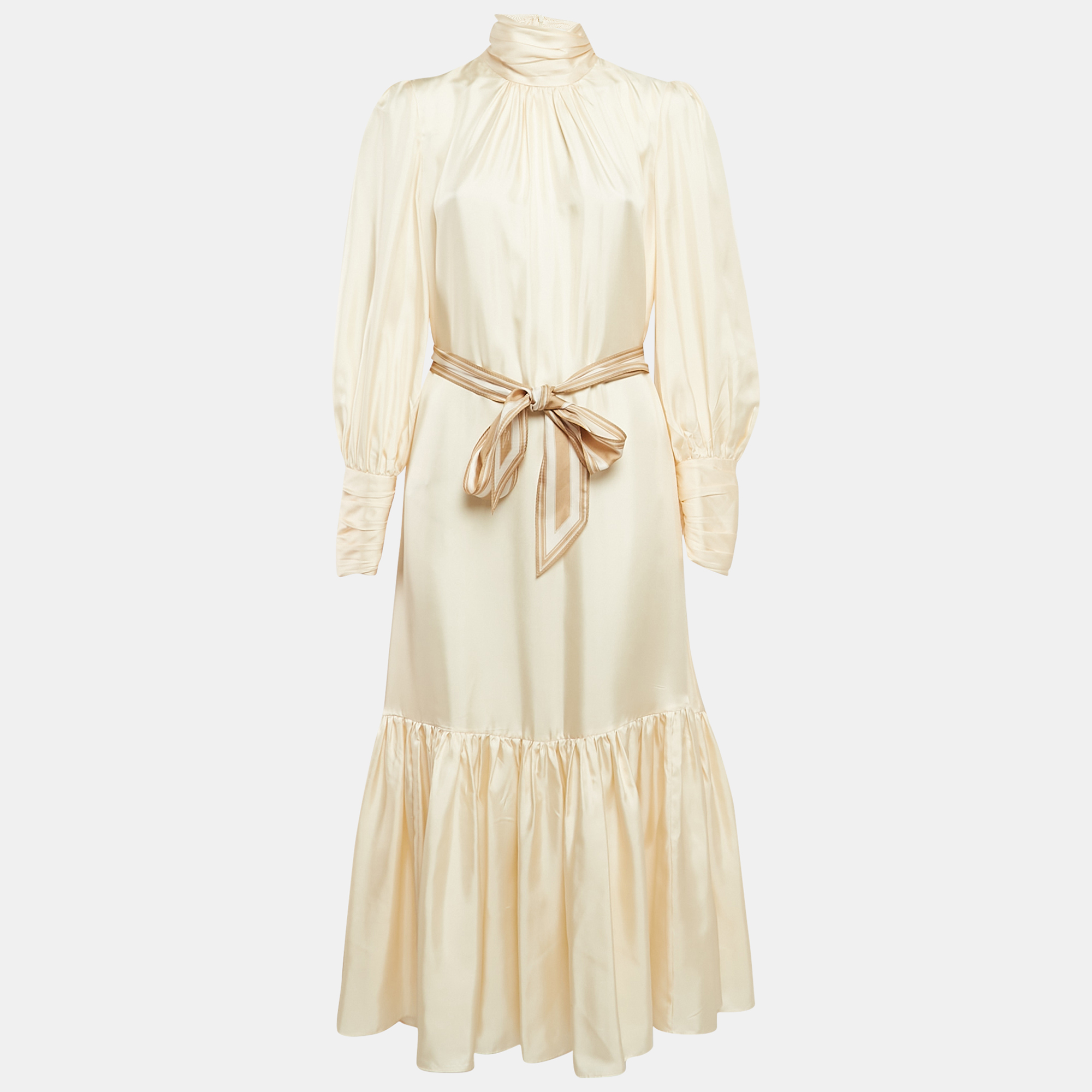 

Zimmermann Cream Silk Puff Sleeves Gathered Midi Dress L