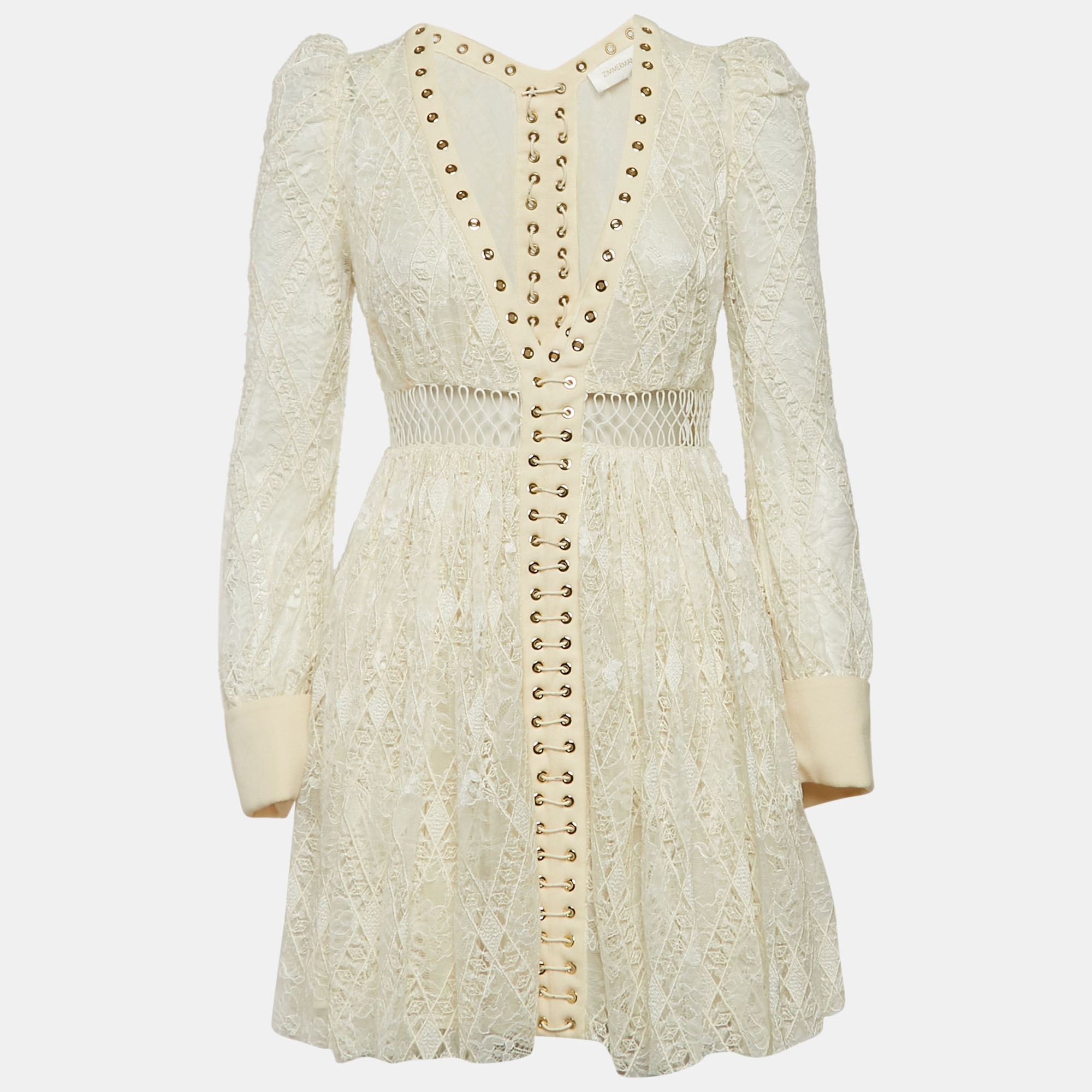 Pre-owned Zimmermann Off-white Lace Eyelet Detail Flared Mini Dress Xs