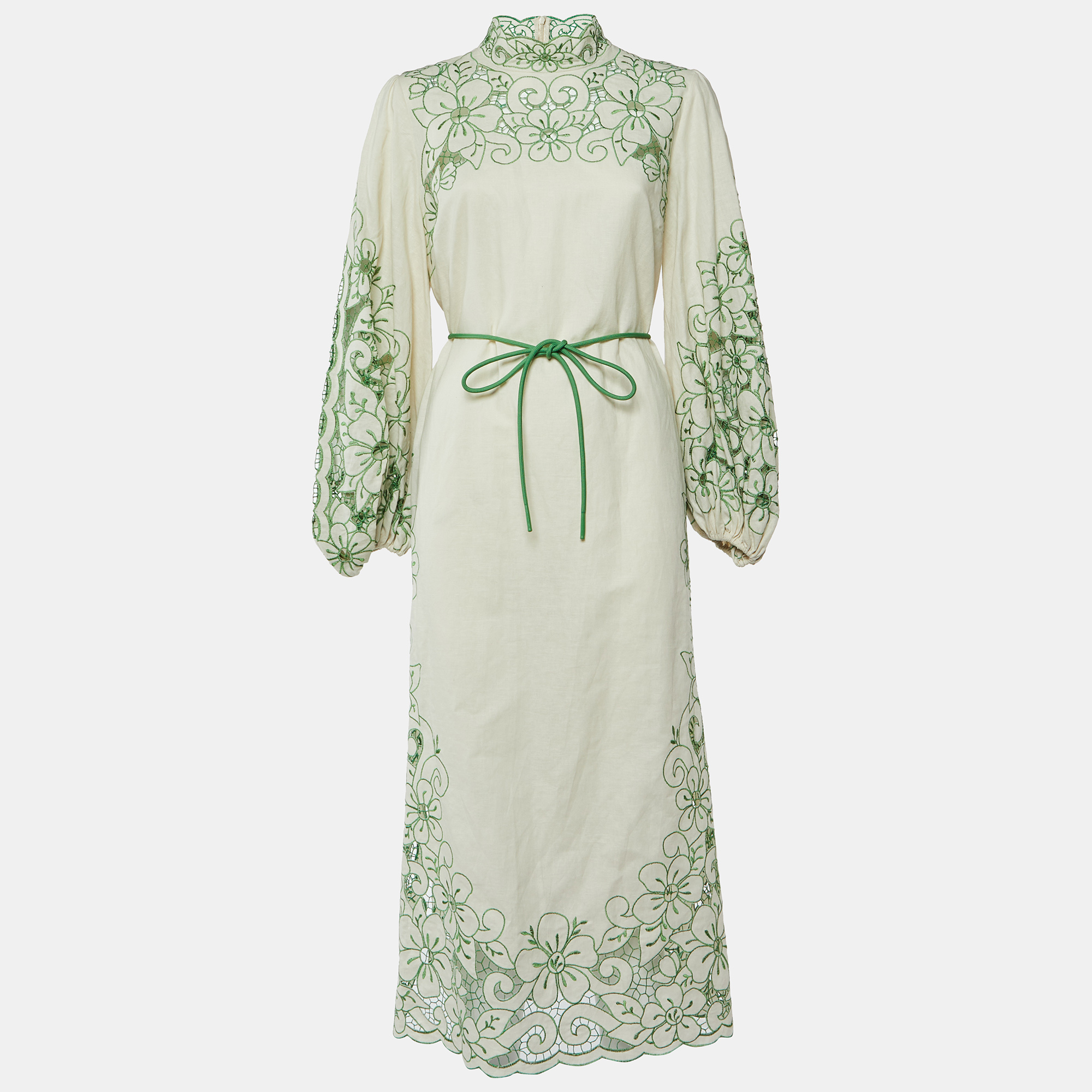 Cream Teddy Floral Embroidered Linen & Cotton Midi Dress L