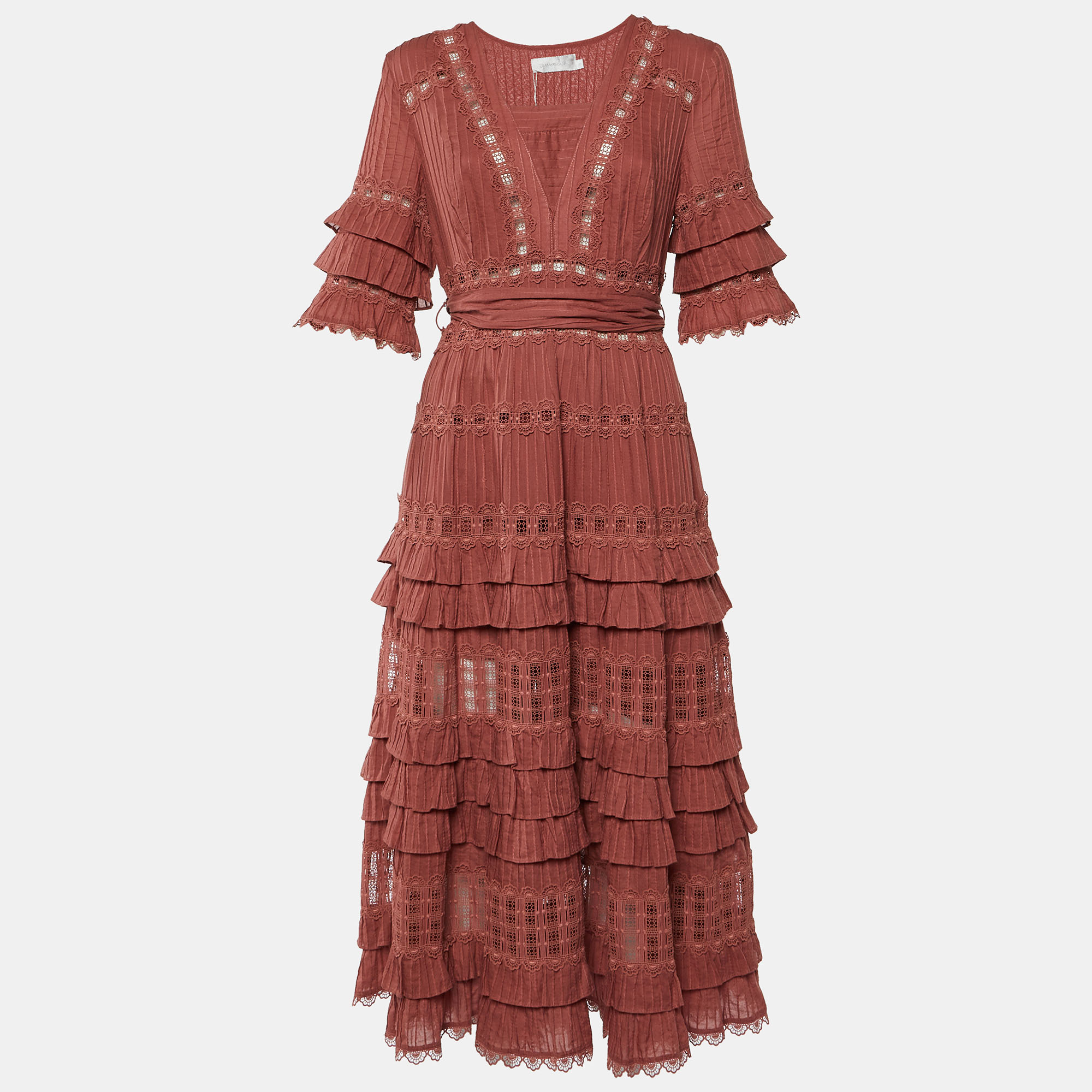 

Zimmermann Pink Broderie Anglaise Cotton Corsair Tiered Dress L