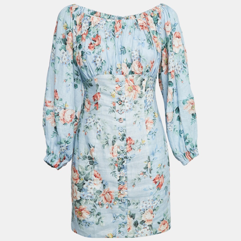 

Zimmermann Blue Floral Print Linen Bowie Off-Shoulder Mini Dress XS