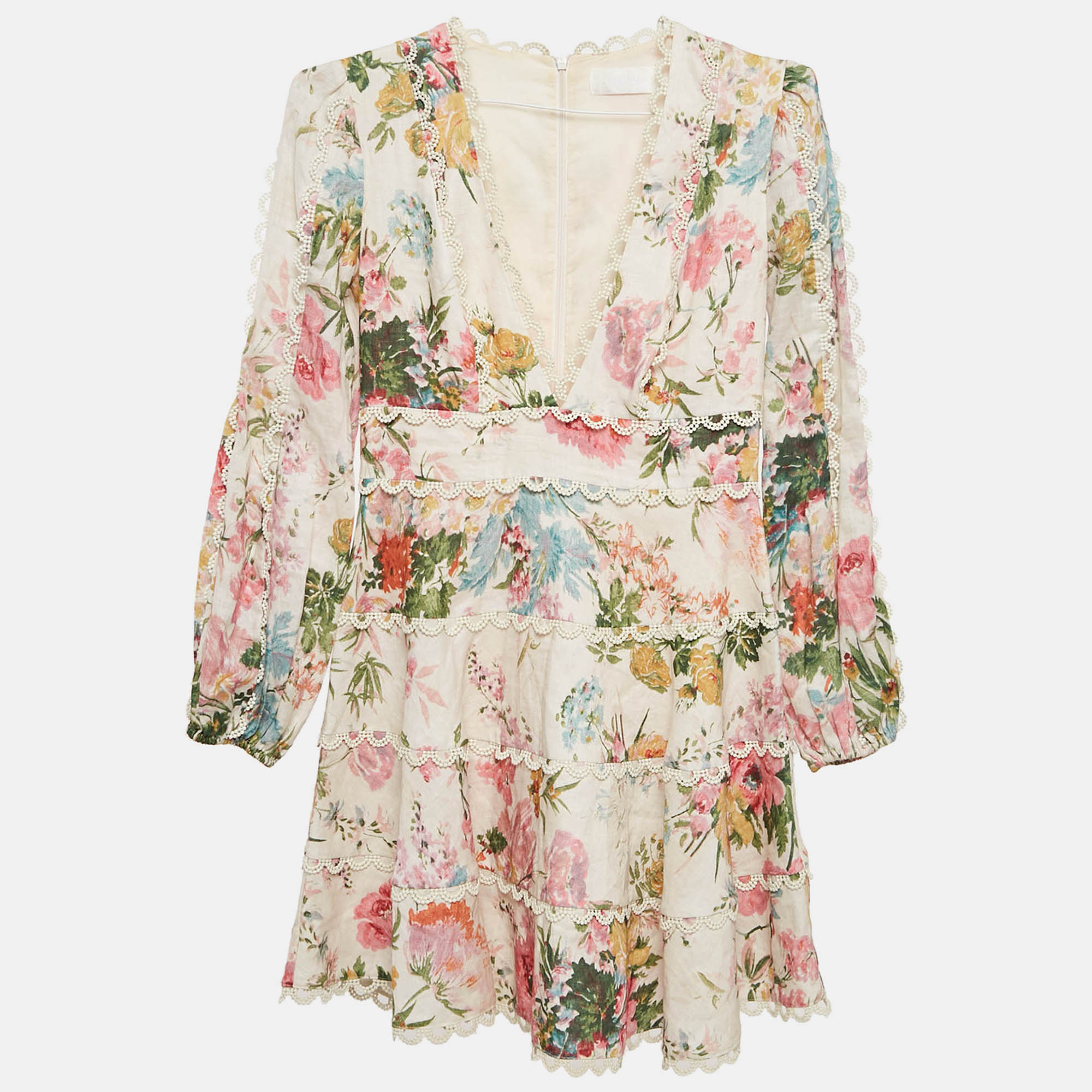 

Zimmermann White Floral Print Linen Tiered Heathers Mini Dress M