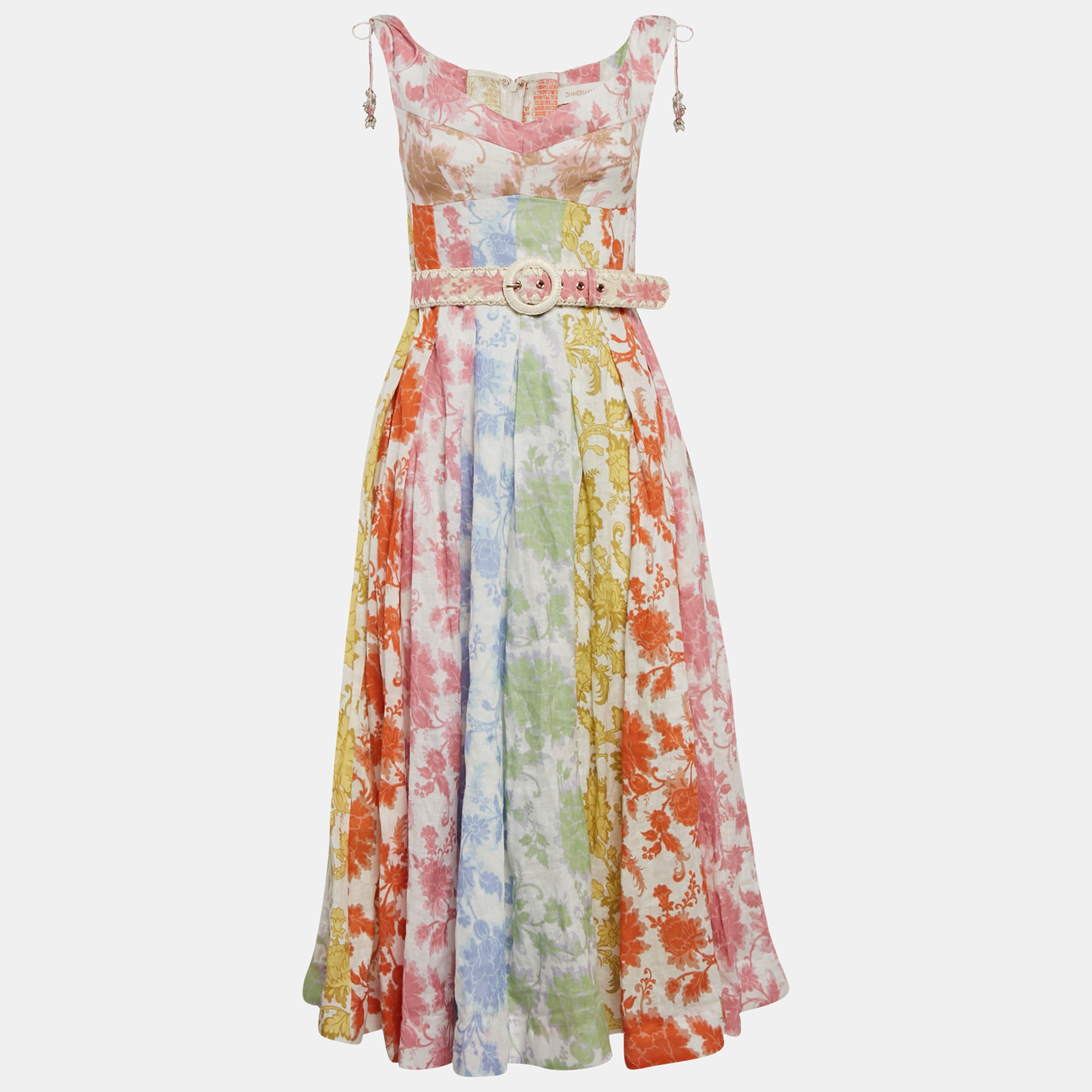 

Zimmermann Multicolor Floral Print Linen Belted Midi Dress M