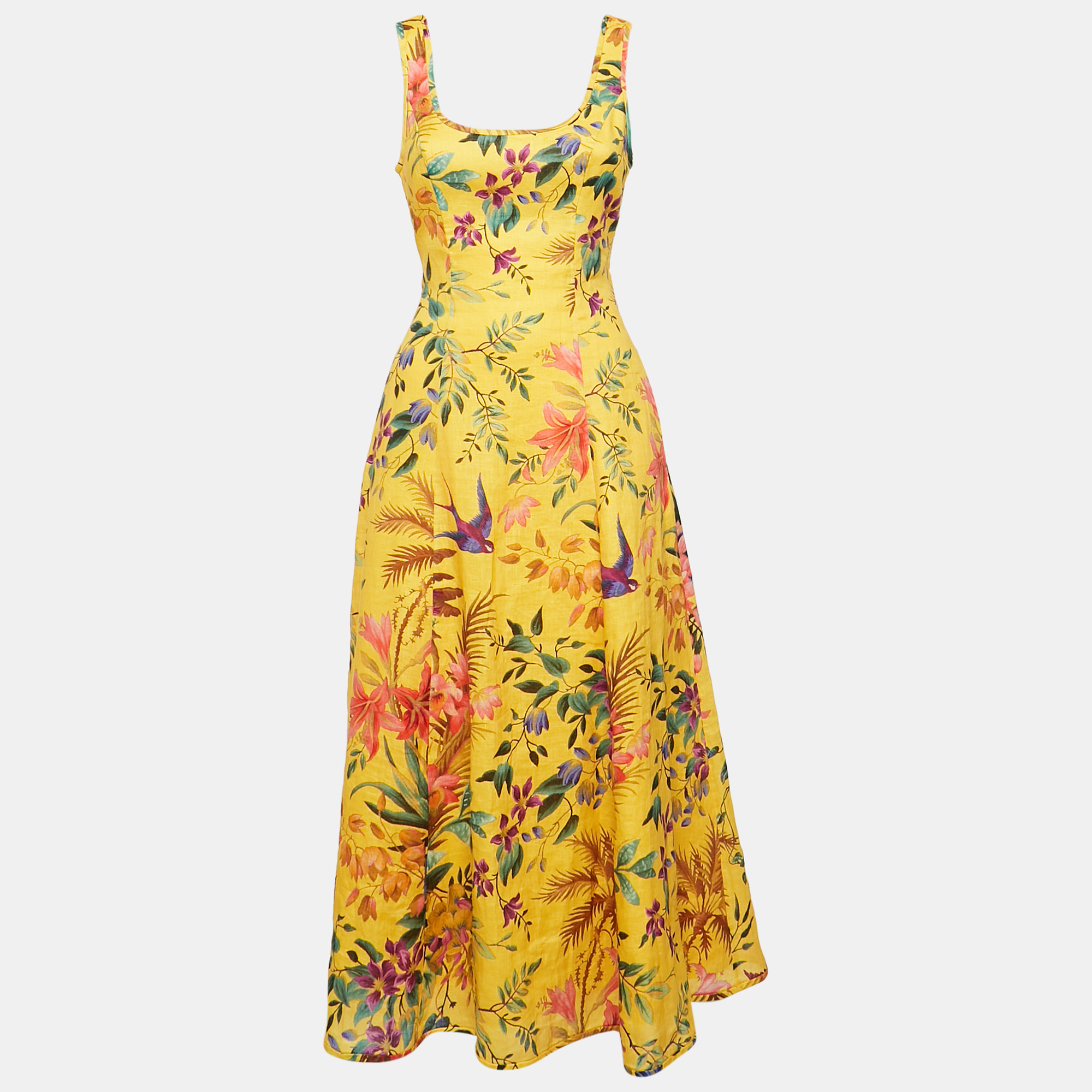 

Zimmermann Yellow Floral Print Linen Sleeveless Midi Dress XS