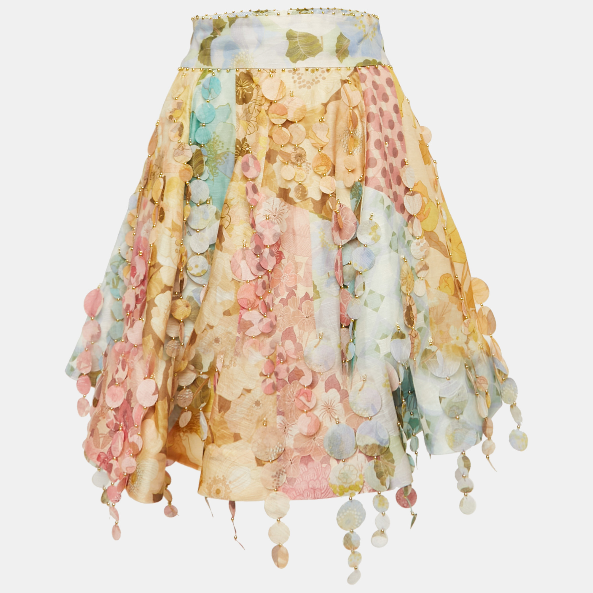 

Zimmermann Multicolor Floral Print Linen Tempo Disc-Embellished Mini Skirt M