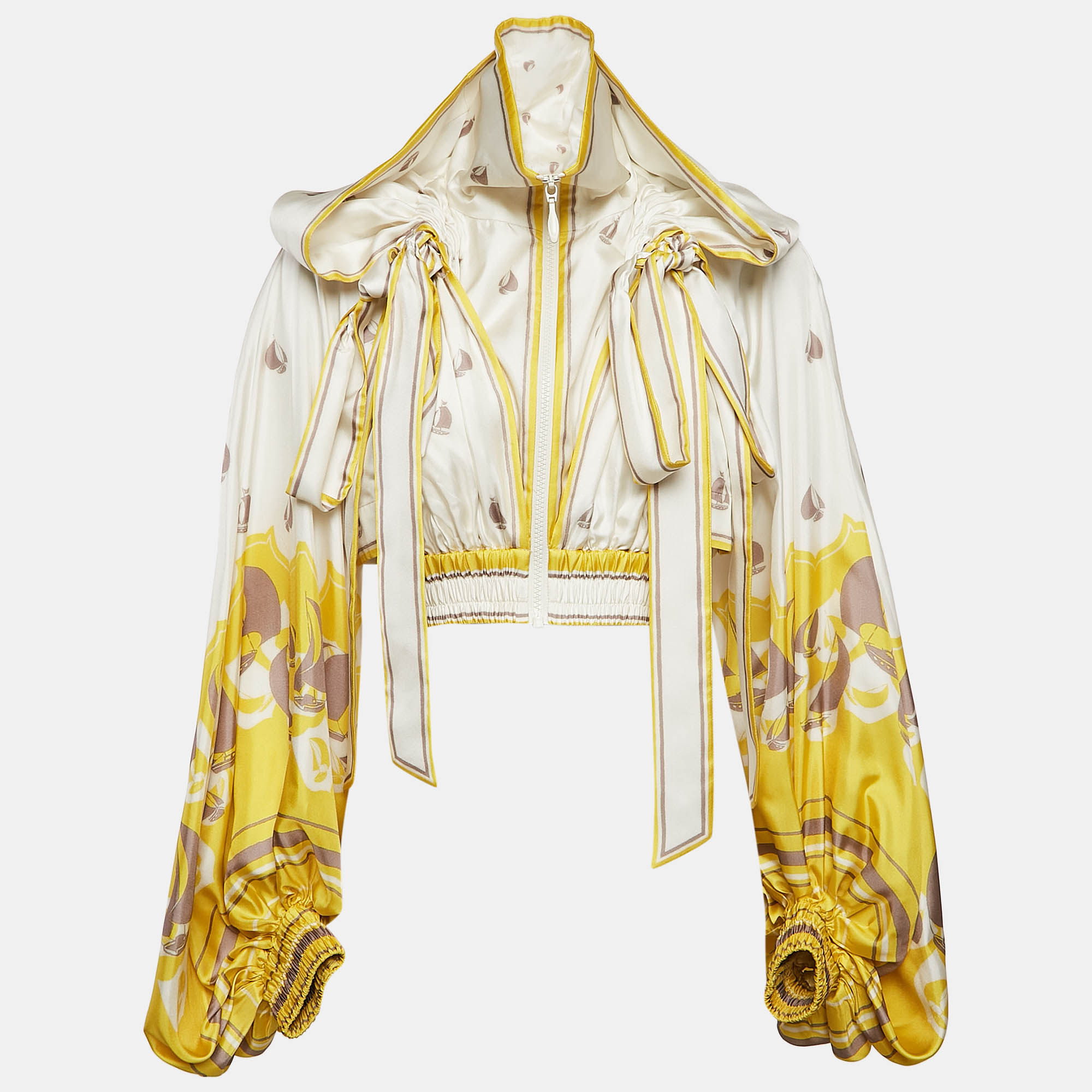 

: Zimmermann White/Yellow High Tide Sailboats Print Silk Crop Jacket S