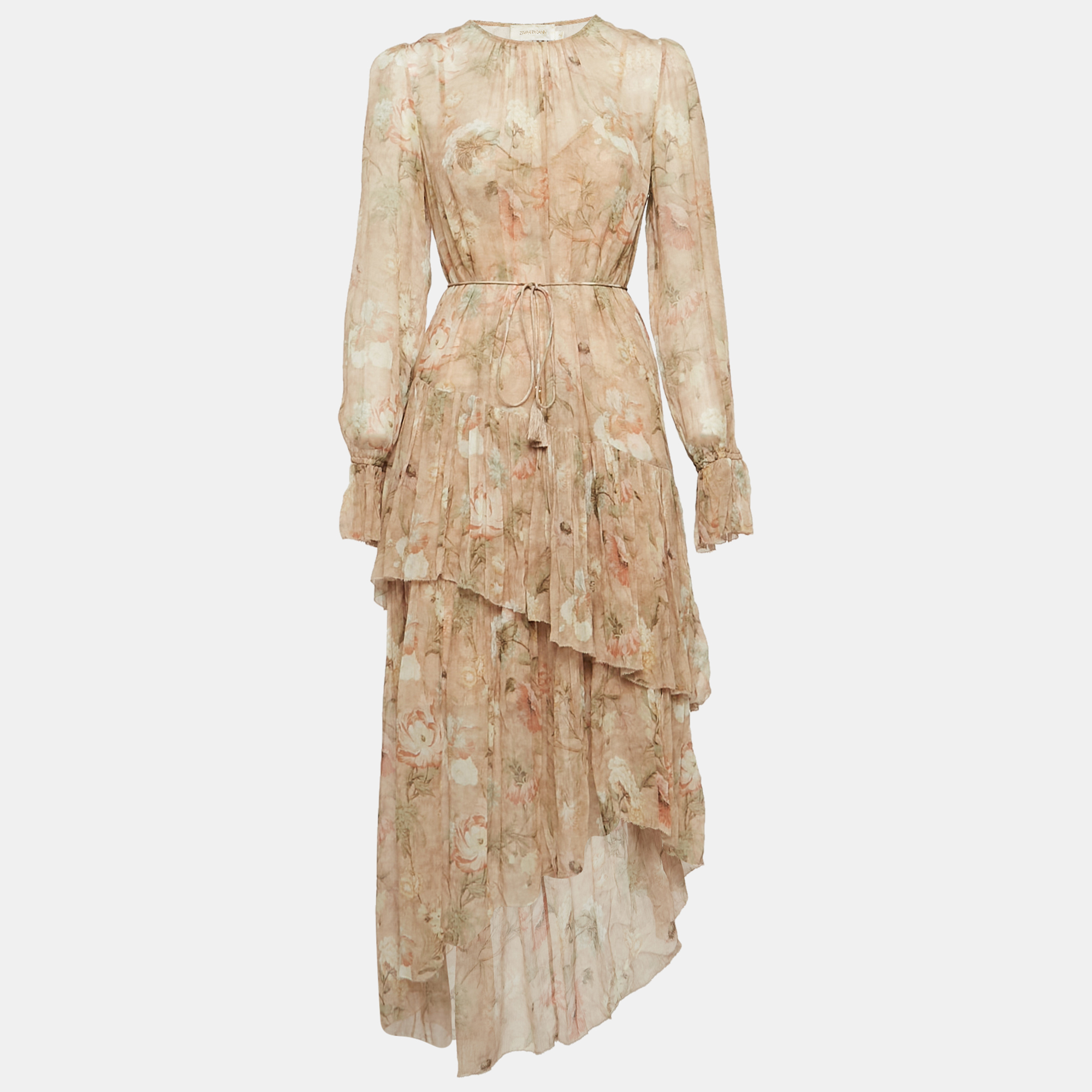 

Zimmermann Beige Floral Print Georgette Silk Tiered Asymmetric Midi Dress M