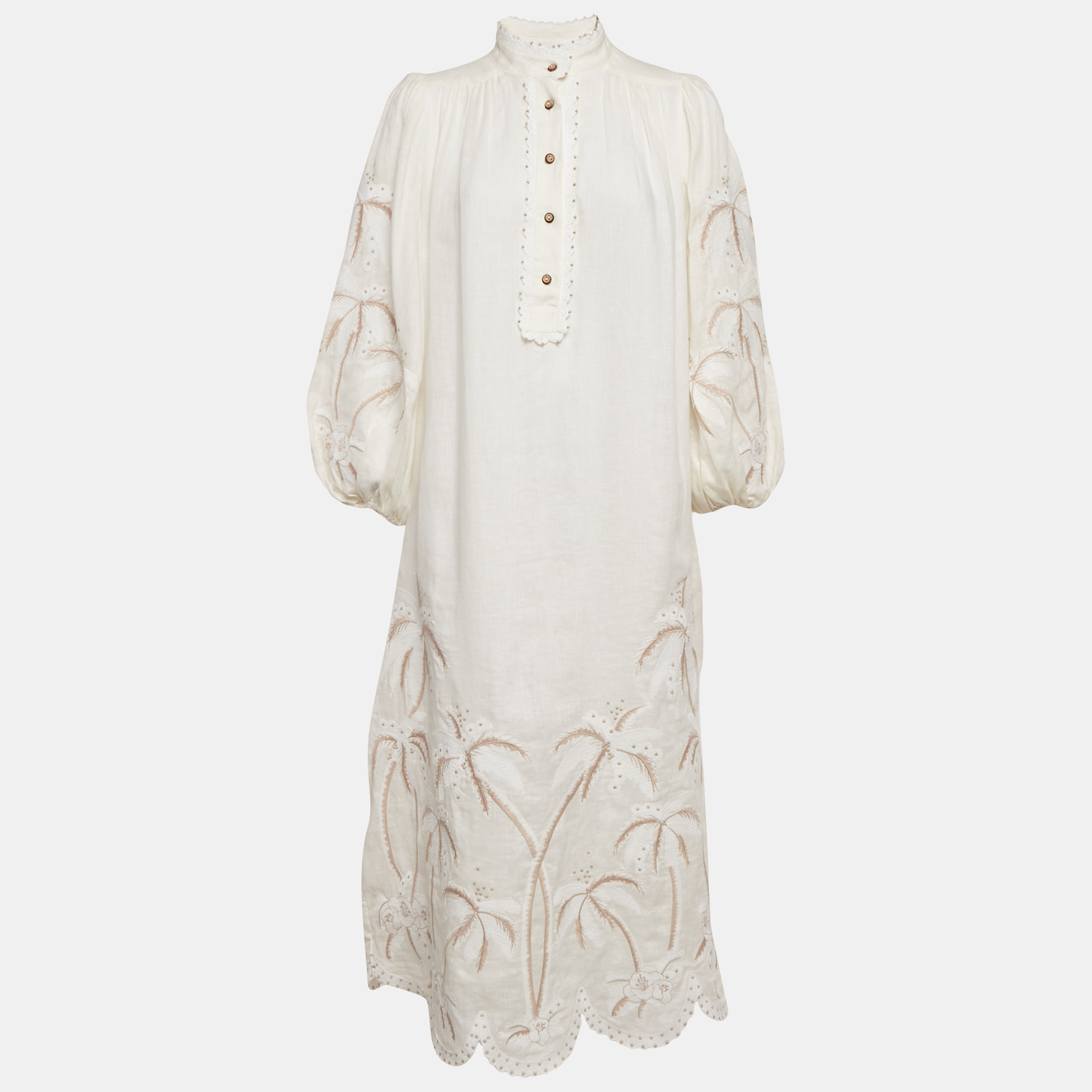 

Zimmermann Off-White Embroidered Linen Puff Sleeve Midi Dress S