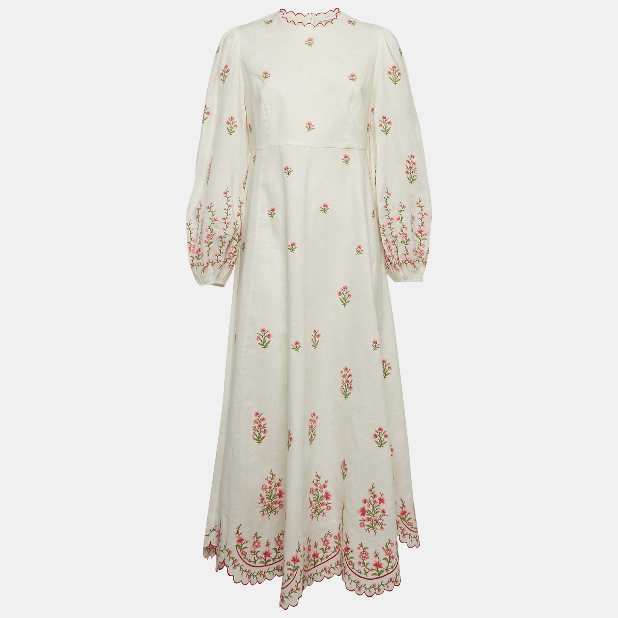 

Zimmermann White Poppy Floral Embroidered Linen Scallop Midi Dress L