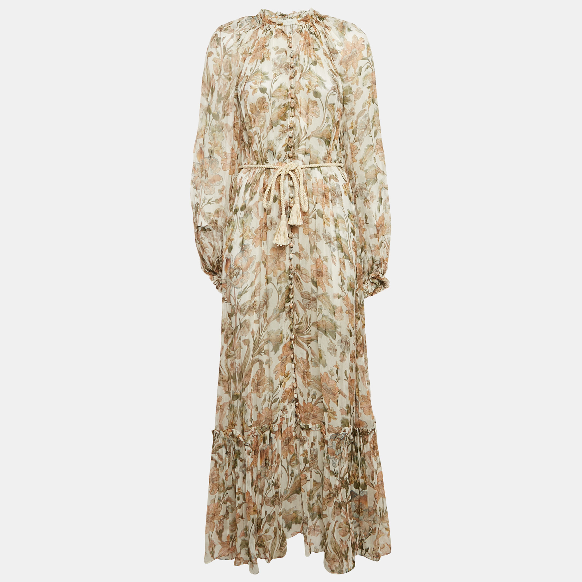 

Zimmermann Beige Floral Print Chiffon Belted Maxi Dress L