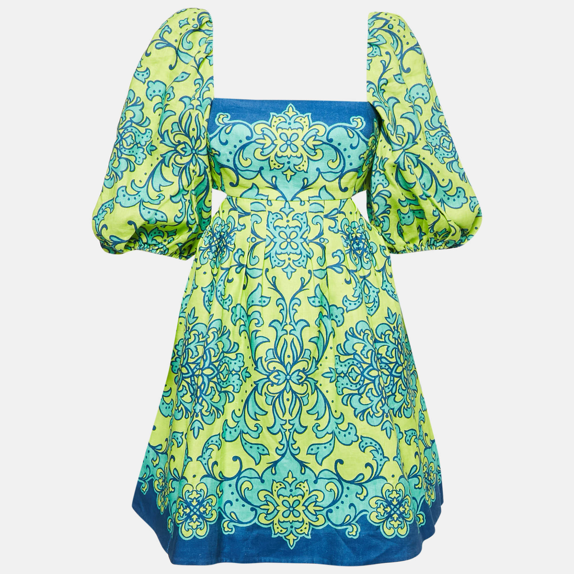 

Zimmermann Green Printed Linen Cut-Out Nina Mini Dress S