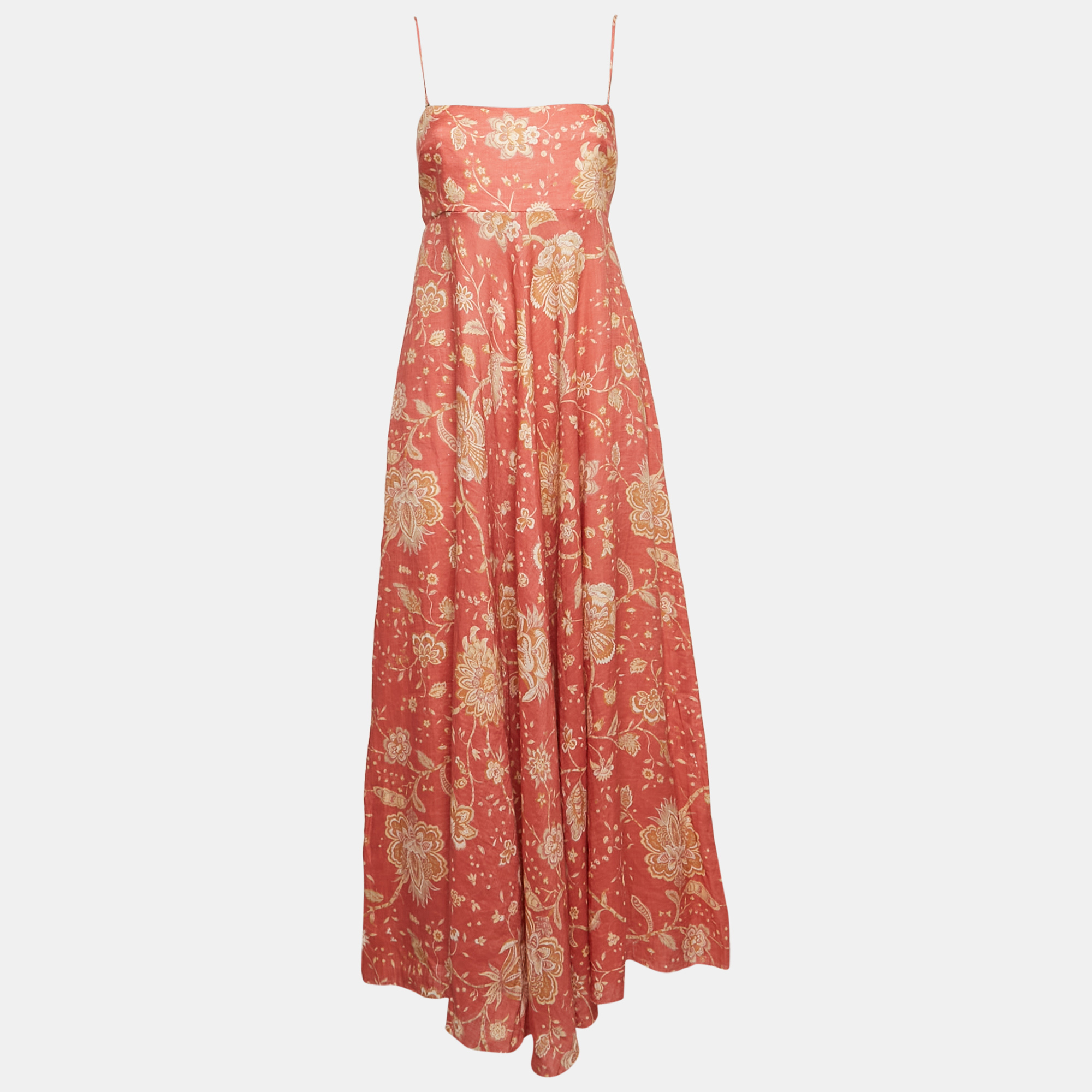 

Zimmermann Pink Floral Print Linen Flared Maxi Dress L