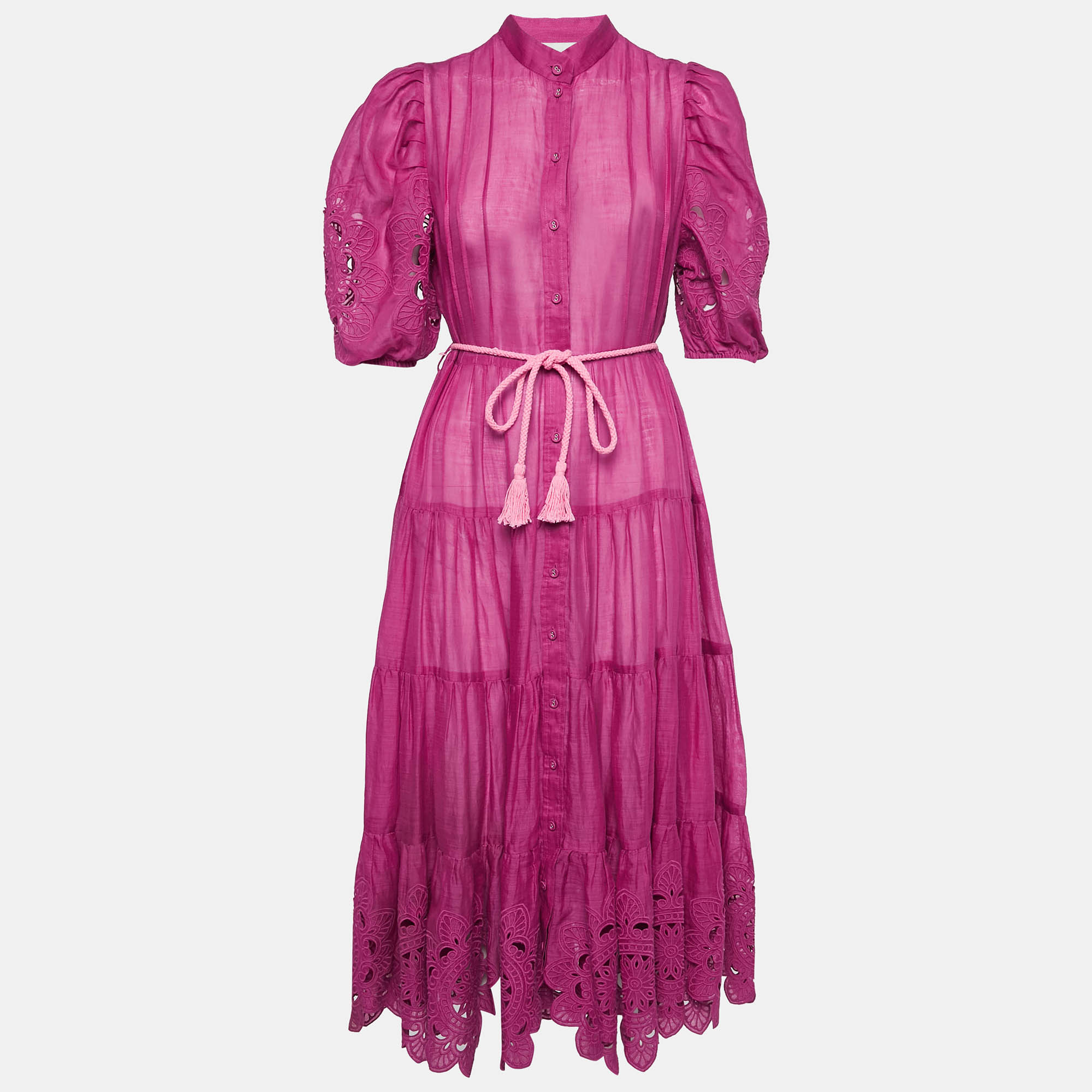 

Zimmermann Pink Broderie Anglaise Ramie Tiered Scallop Midi Dress M