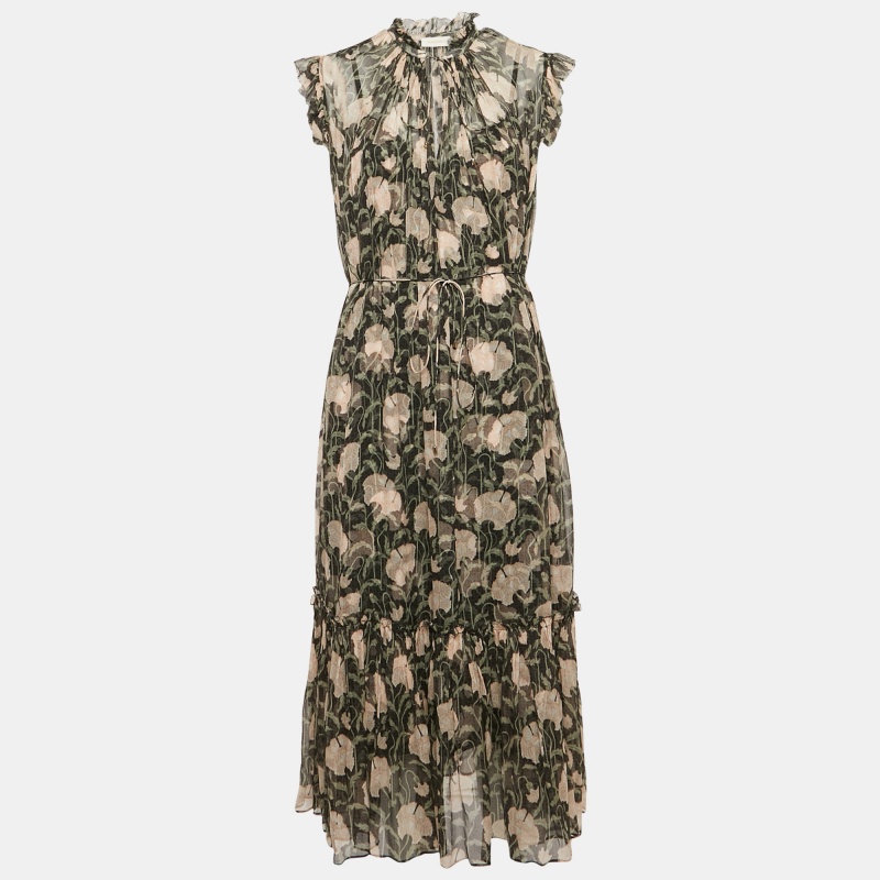 

Zimmermann Black Floral Print Silk Flounce Midi Dress L