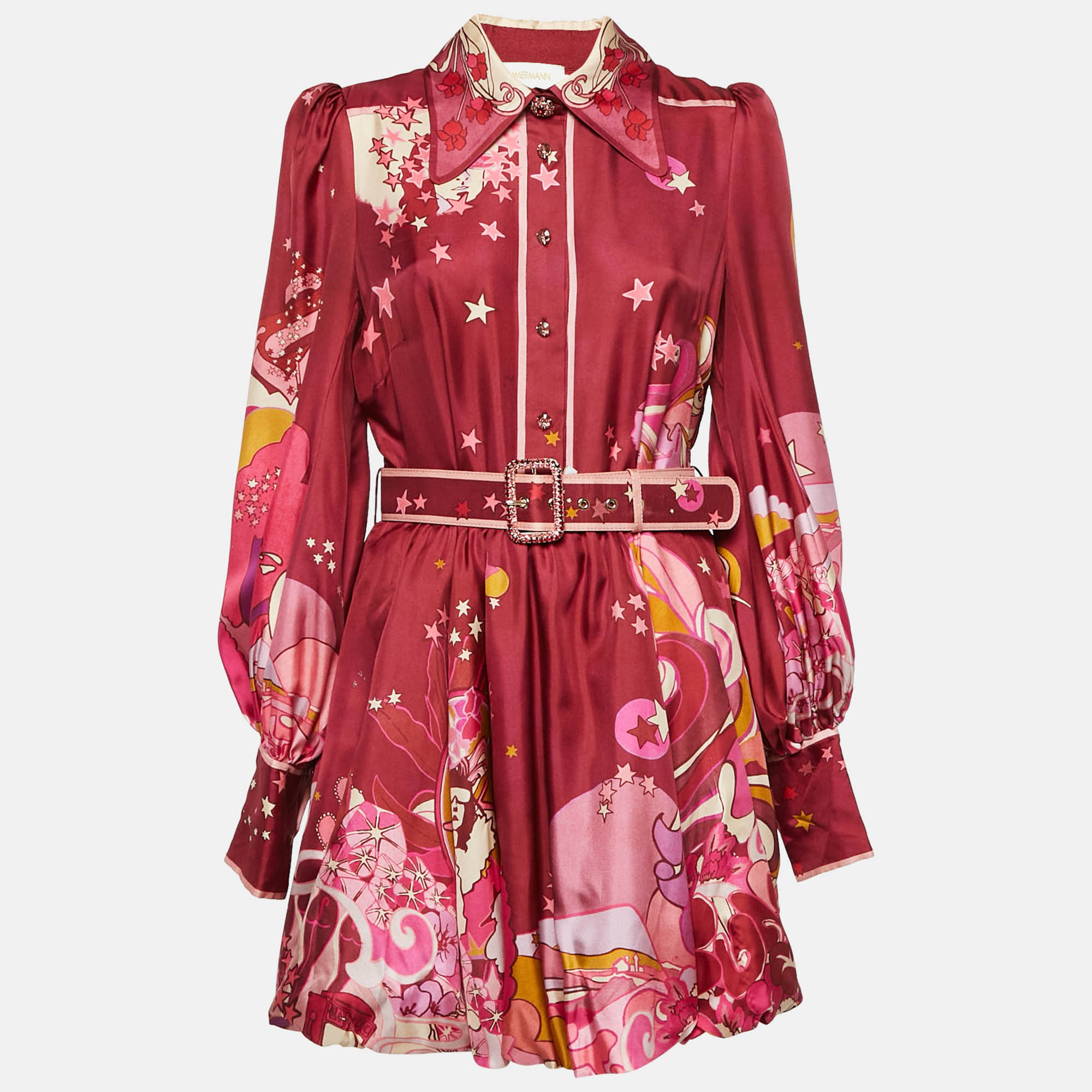 

Zimmermann Burgundy Concert Print Silk Belted Mini Dress M