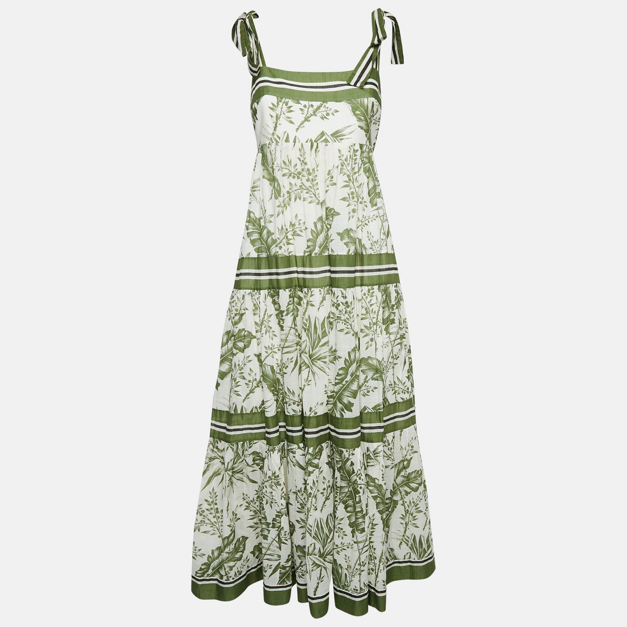 

Zimmermann Green Leaf Print Cotton Empire Tiered Midi Dress L