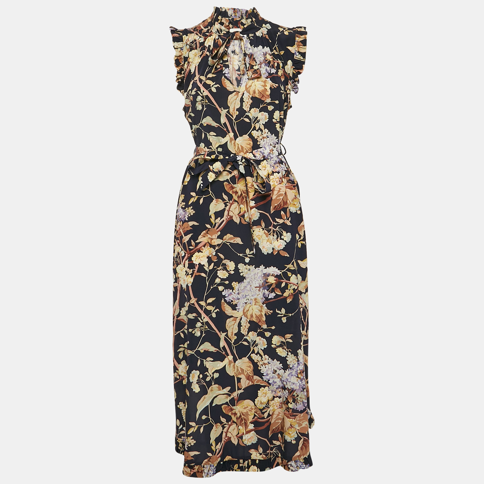 

Zimmermann Navy Blue Floral Print Silk Ruffled Midi Dress M