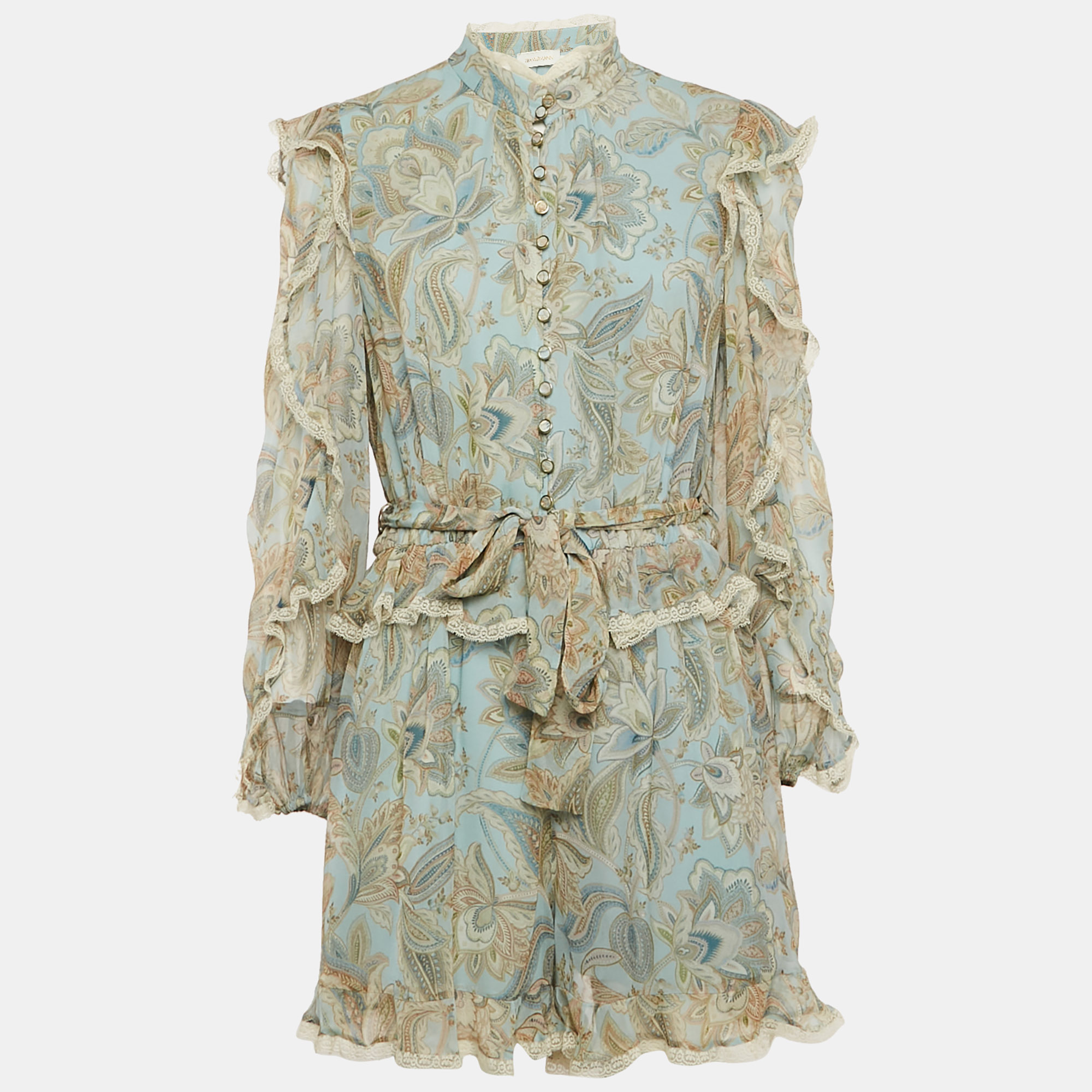 

Zimmermann Blue Paisley Print Silk Lace Insert Playsuit L