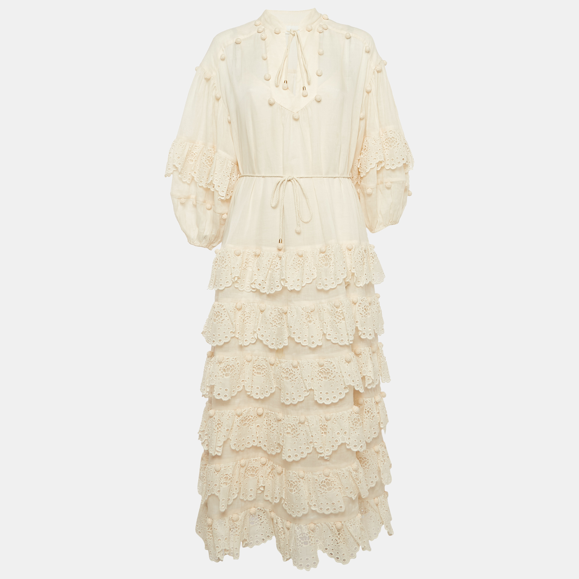 

Zimmermann Cream Ramie Broderie Anglaise Tiered Midi Dress M