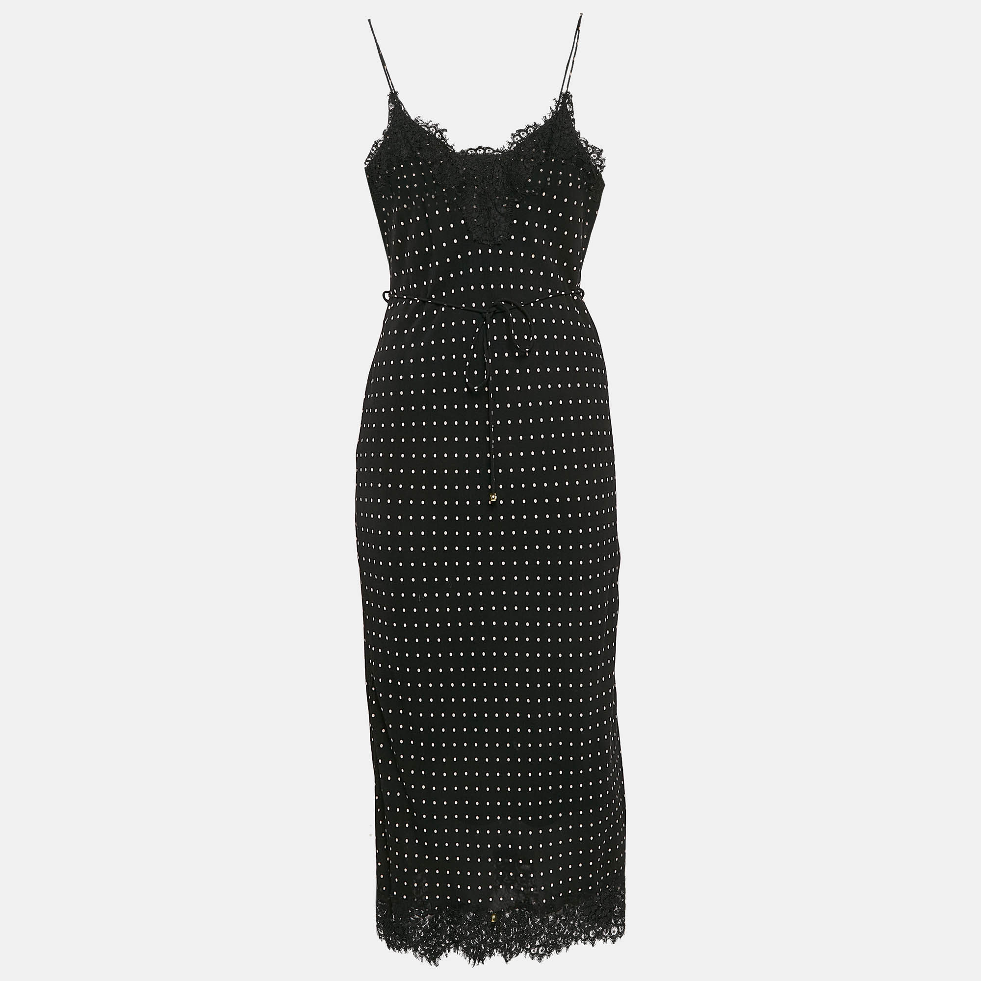 

Zimmermann Black Polka Dots Print Silk Lace Trim Slip Midi Dress S