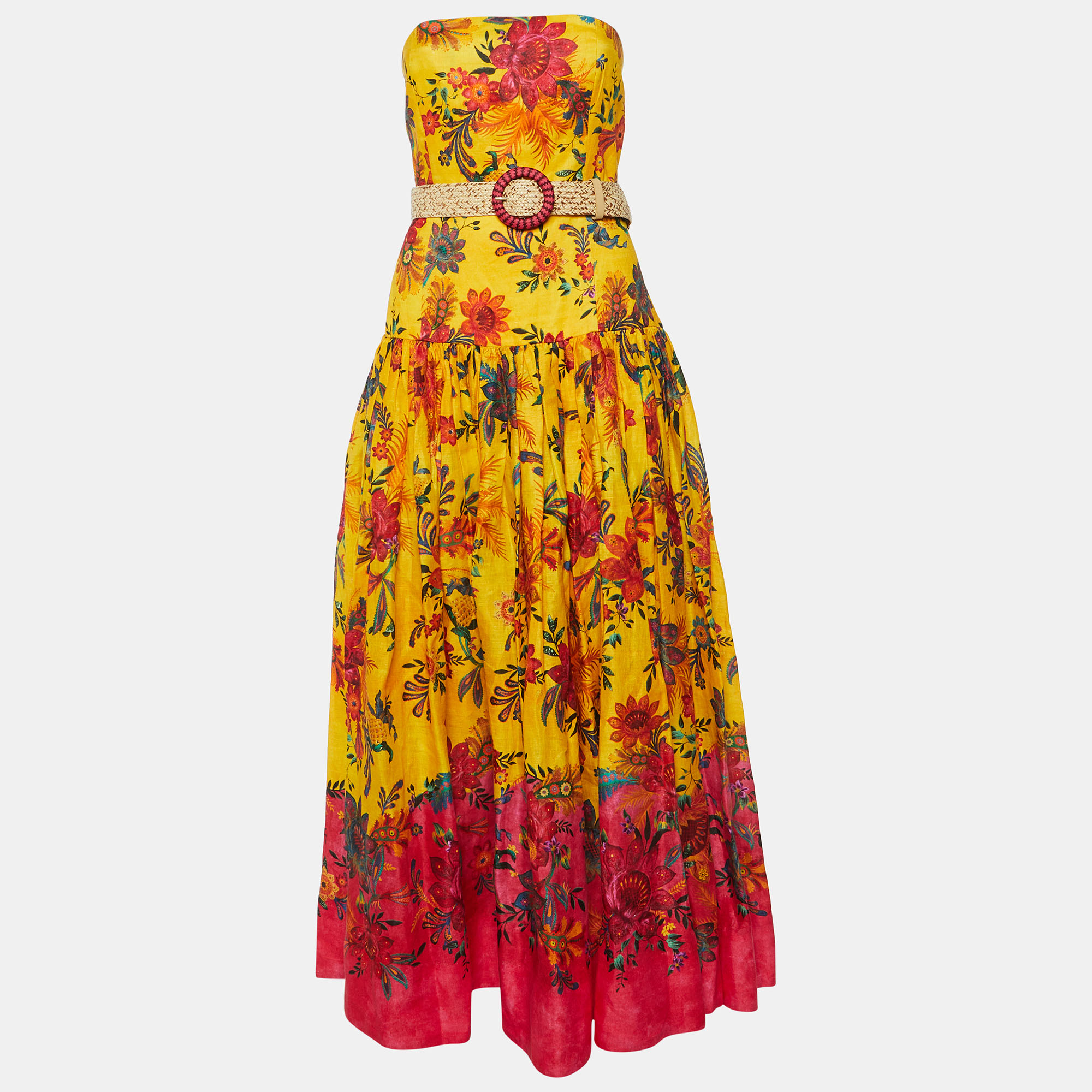 

Zimmermann Yellow Floral Print Linen Ginger Strapless Long Dress L