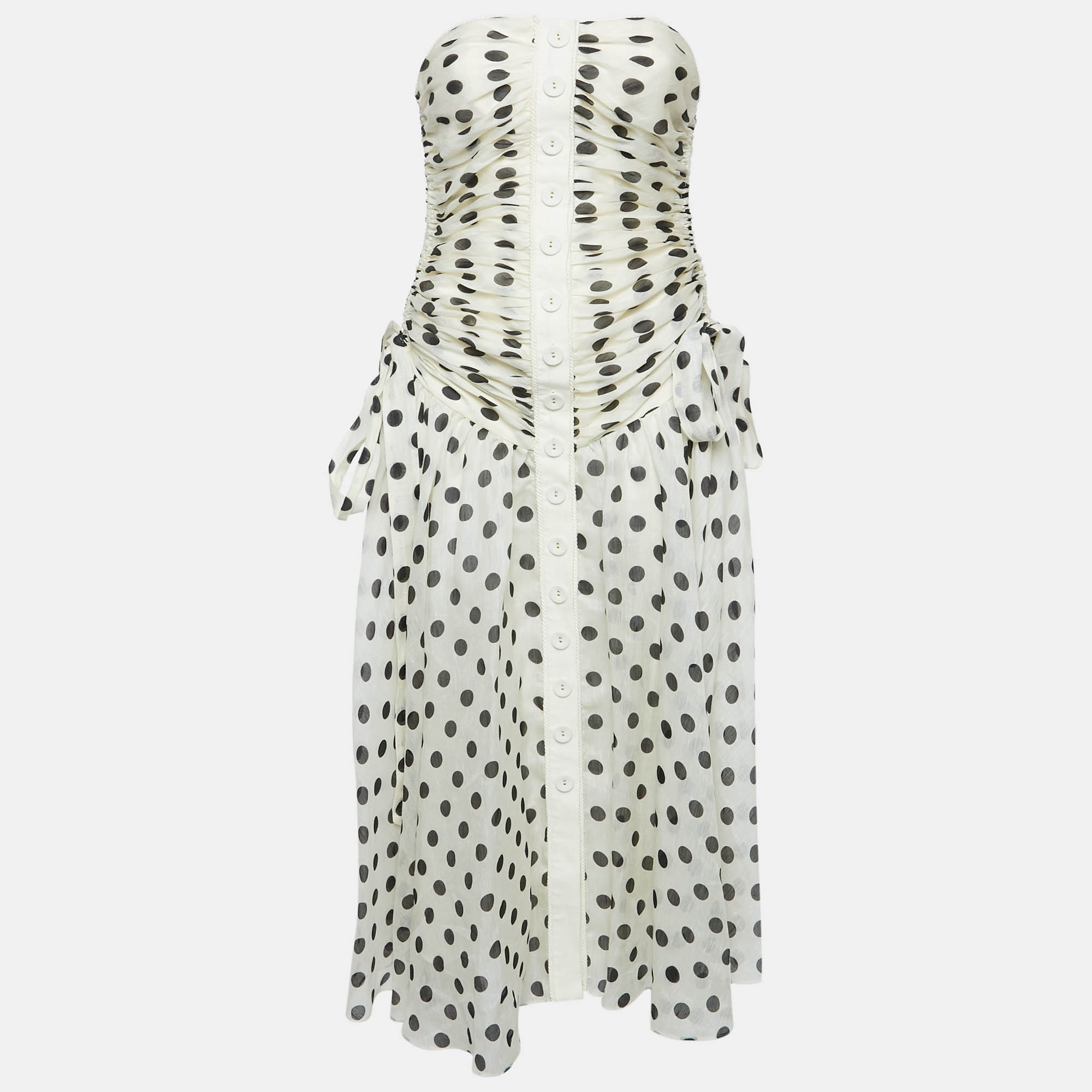 

Zimmermann Off-White Polka Dot Print Ruched Strapless Maxi Dress S