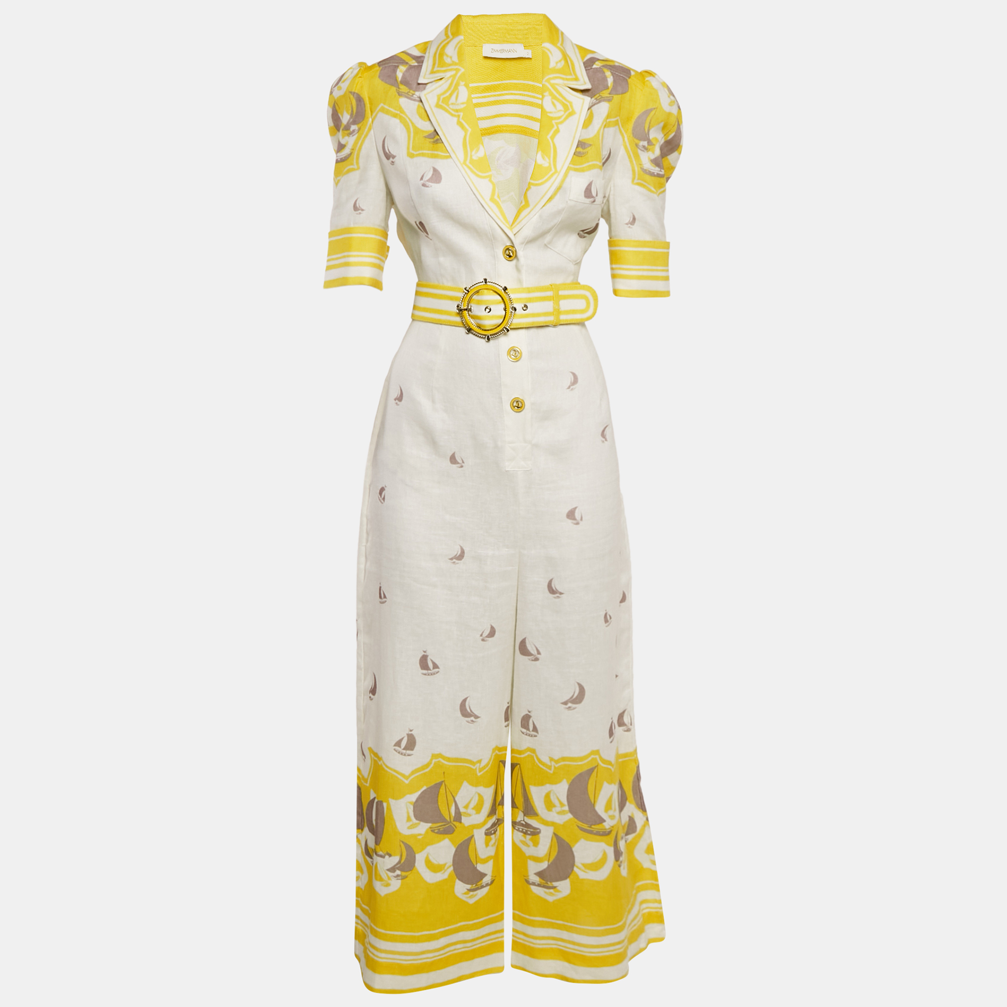 

Zimmermann White/Yellow Sail Boat Print Linen Jumpsuit M