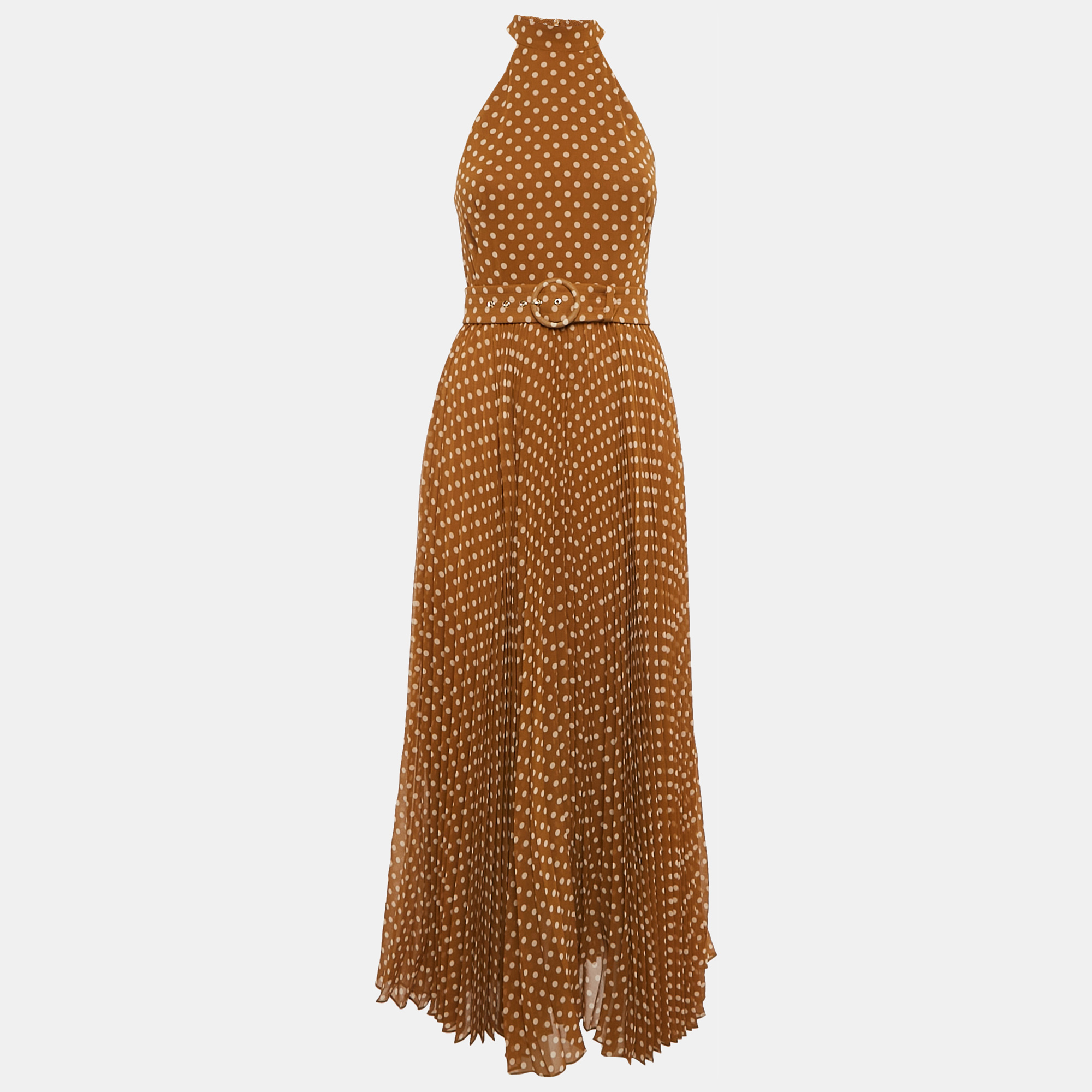 

Zimmermann Brown Polka Dot Print Crepe Pleated Halter Neck Long Dress XS