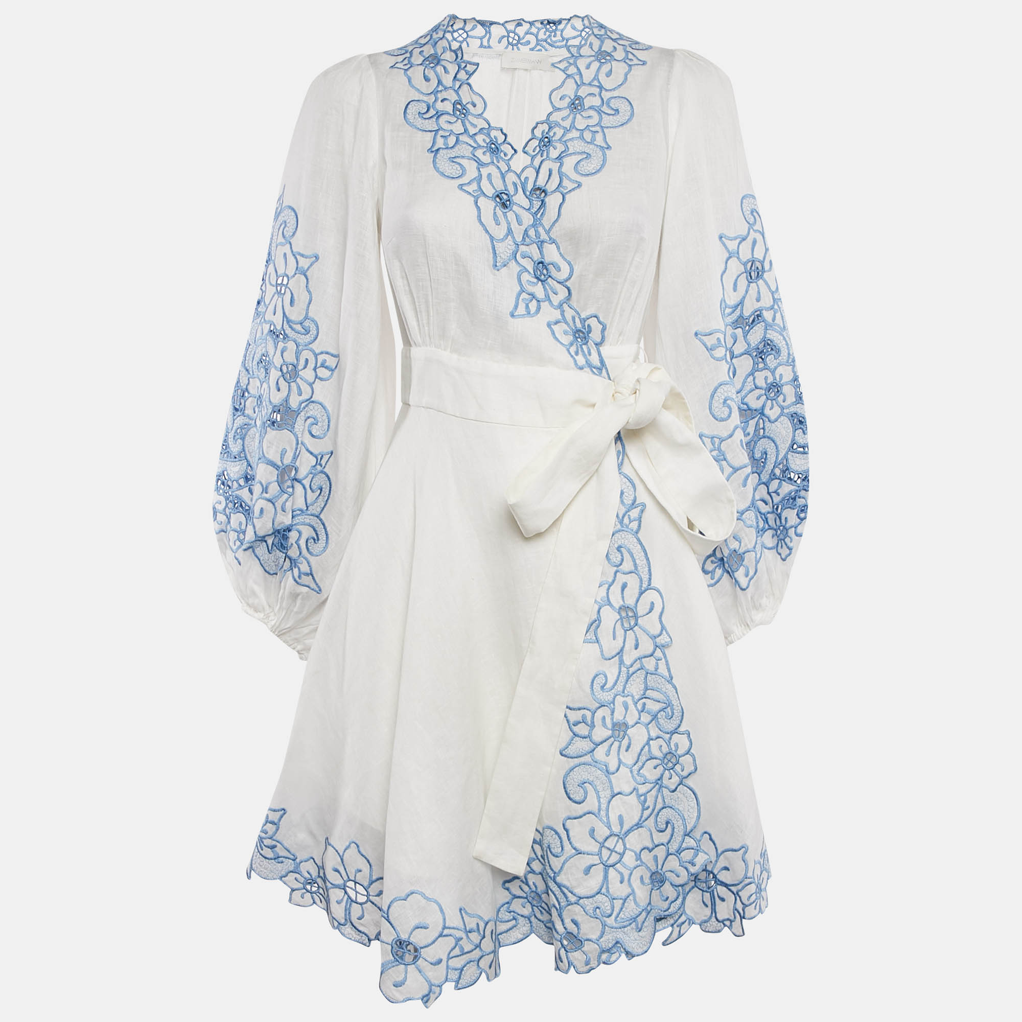 

Zimmermann White Floral Embroidery Linen Mini Wrap Dress XS