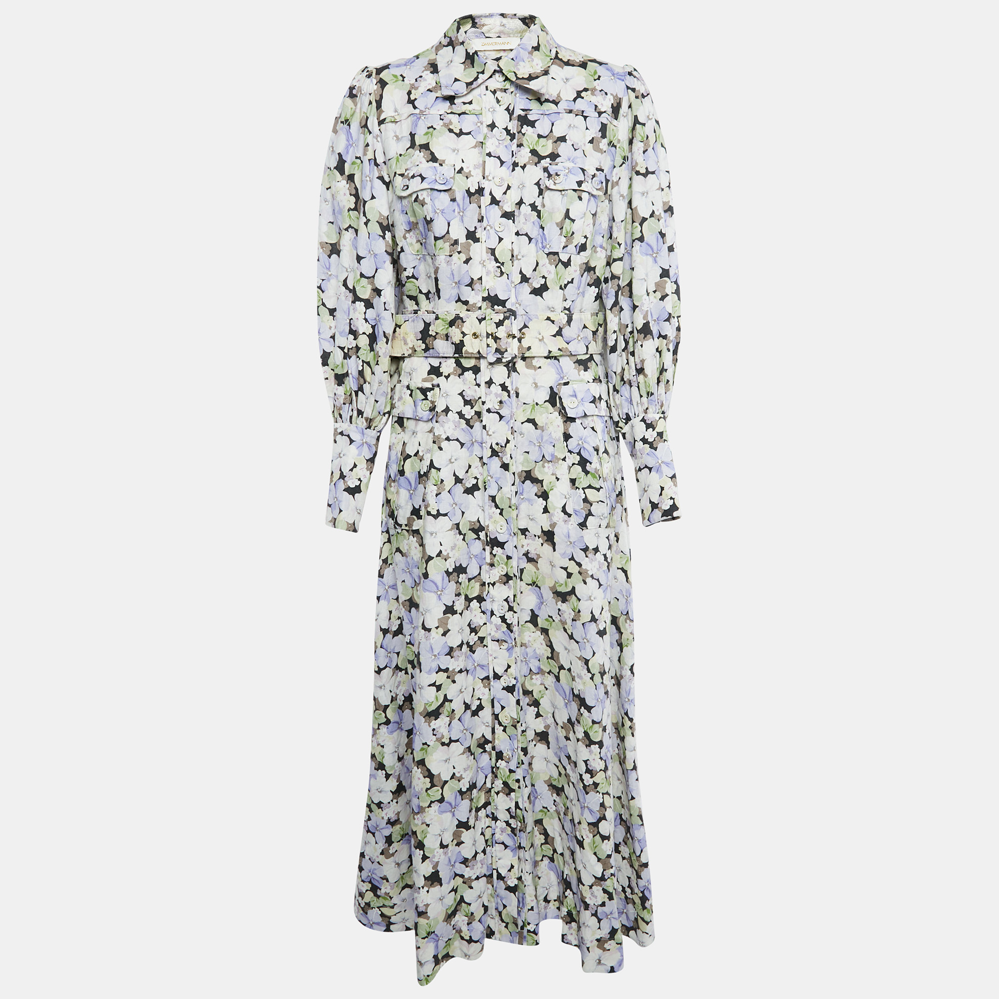 

Zimmermann Multicolor Floral Print Linen Button Front Belted Maxi Dress M