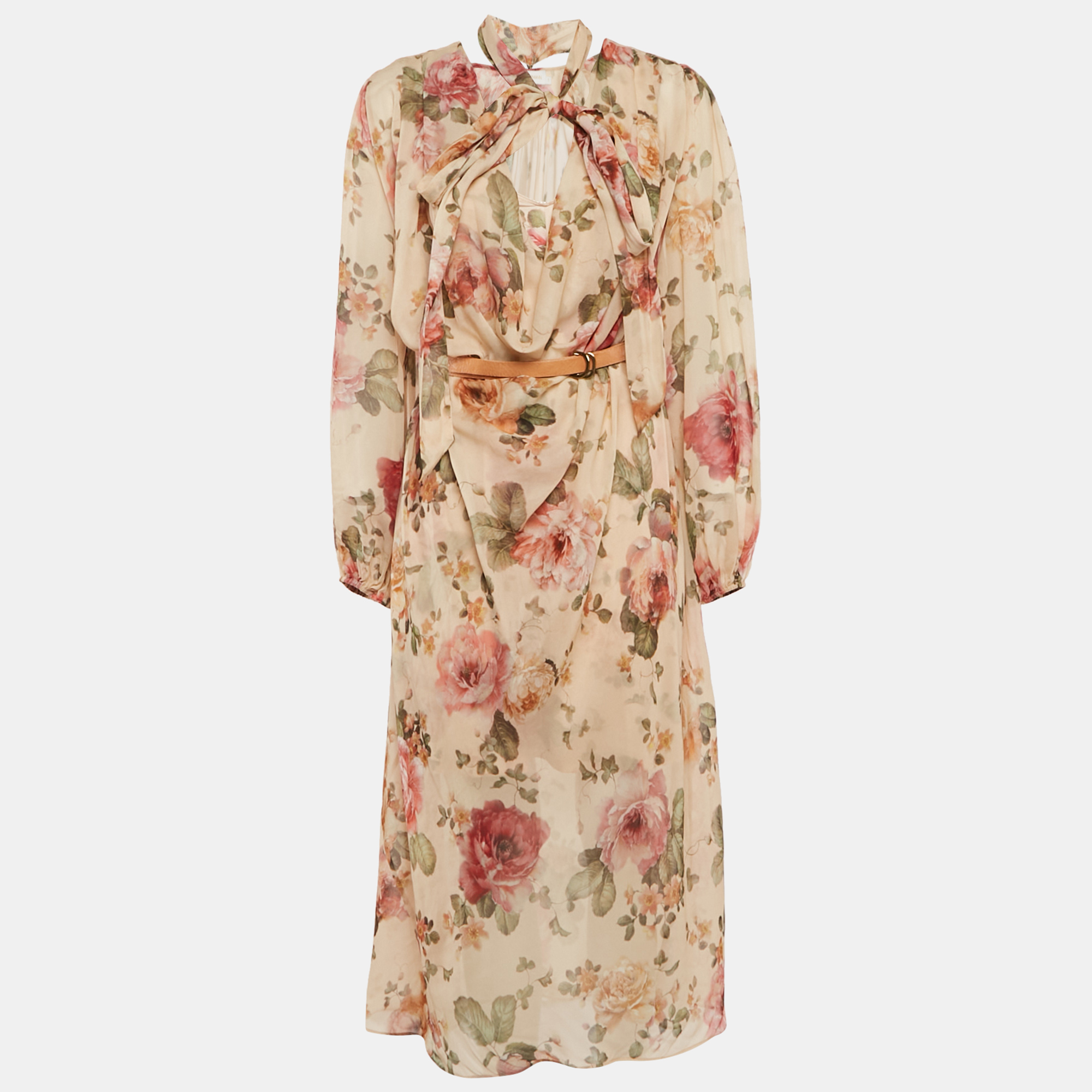 

Zimmermann Beige Floral Luminosity Print Crepe Cowl Neck Mid Dress M