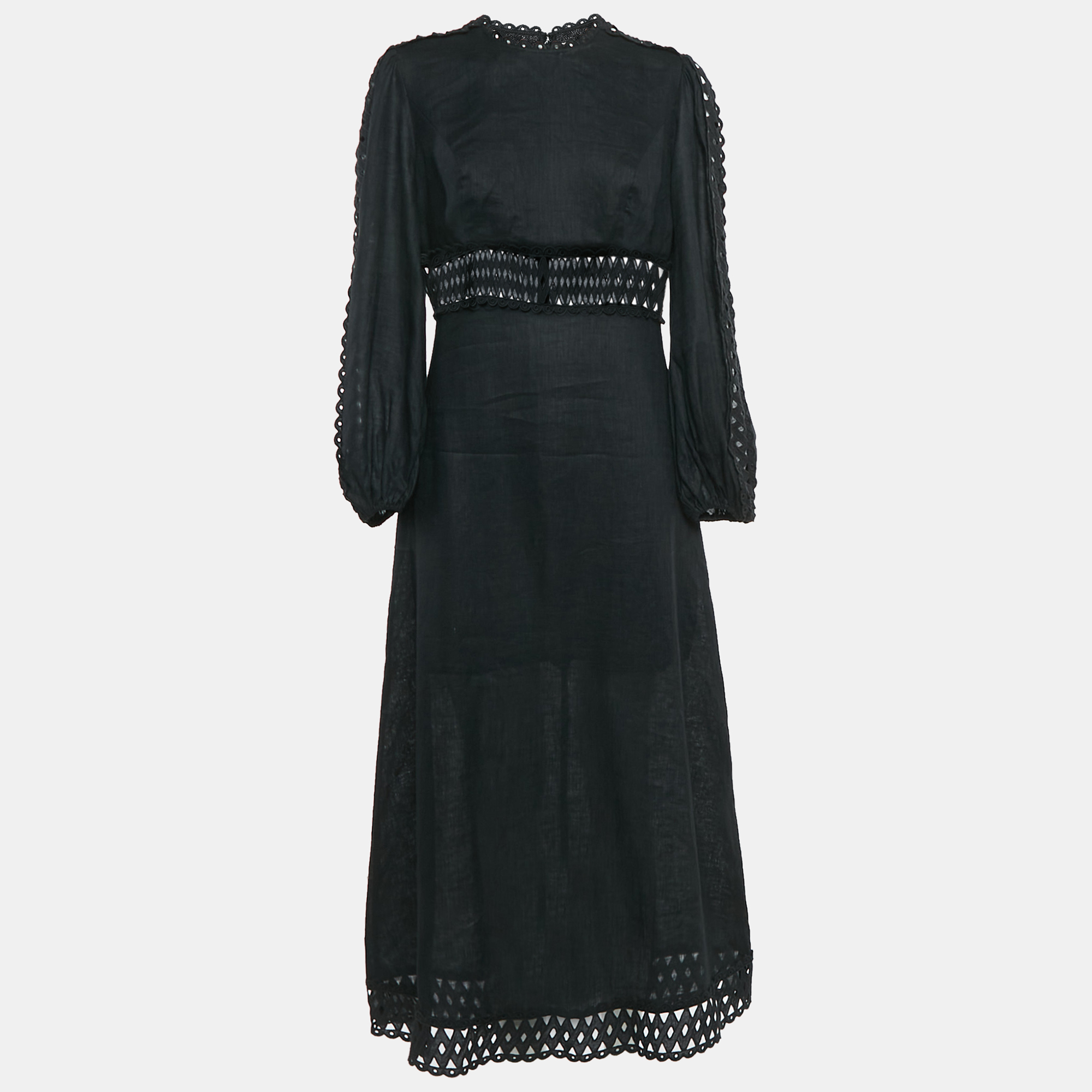 

Zimmermann Black Eyelet Lace Trim Linen Midi Dress M, Blue