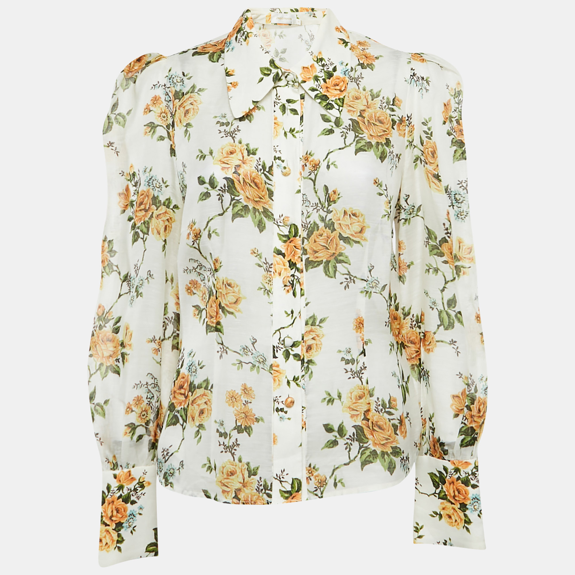 

Zimmermann White/Multicolor Floral Print Linen and Silk Button Front Blouse L