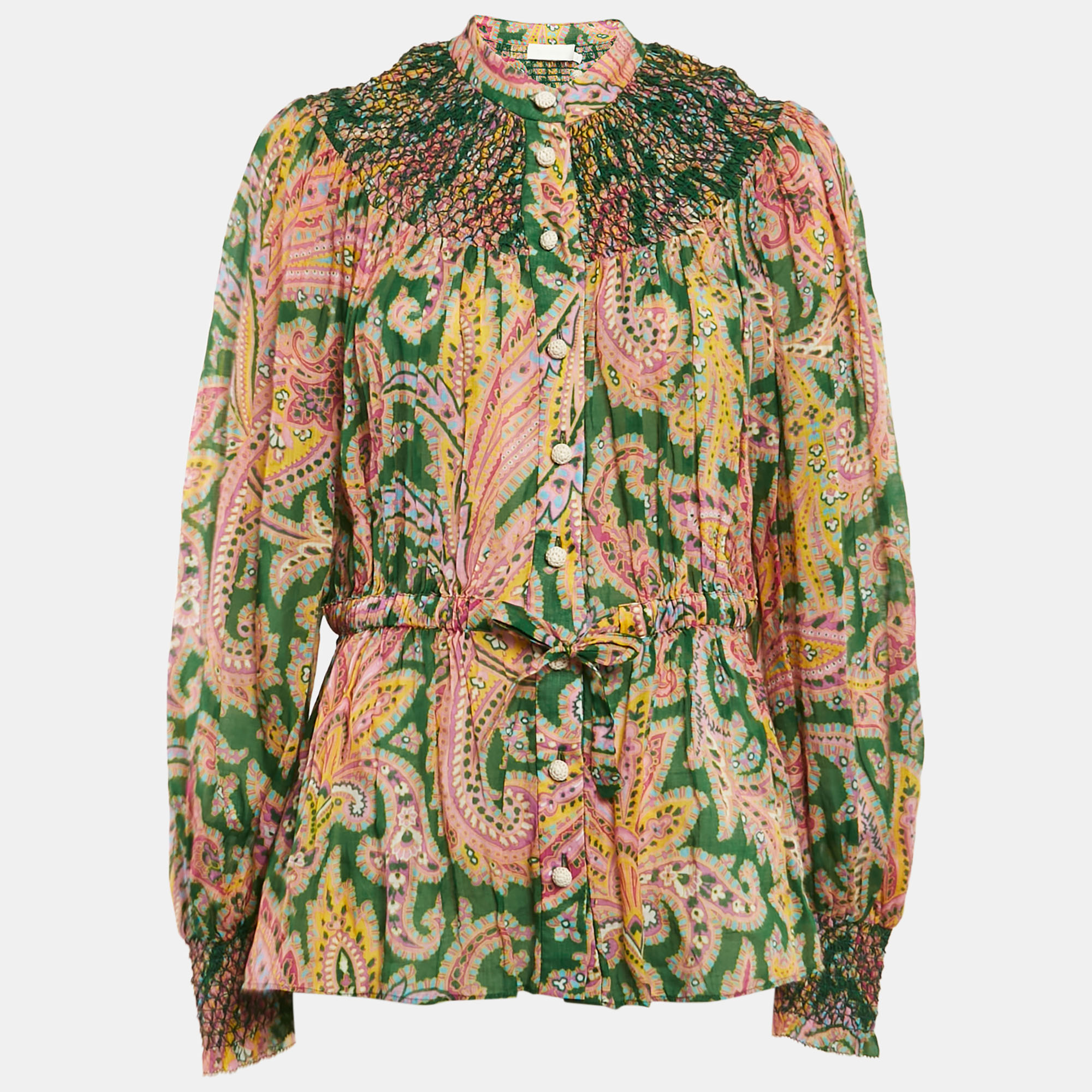 

Zimmermann Green/Yellow Teddy Paisley Print Shirring Detail Blouse L