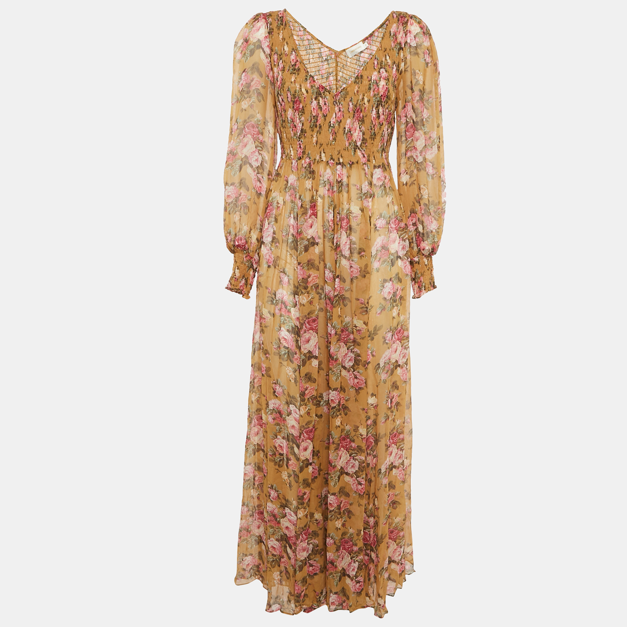 

Zimmermann Mustard Yellow Floral Print Smocked Maxi Dress L