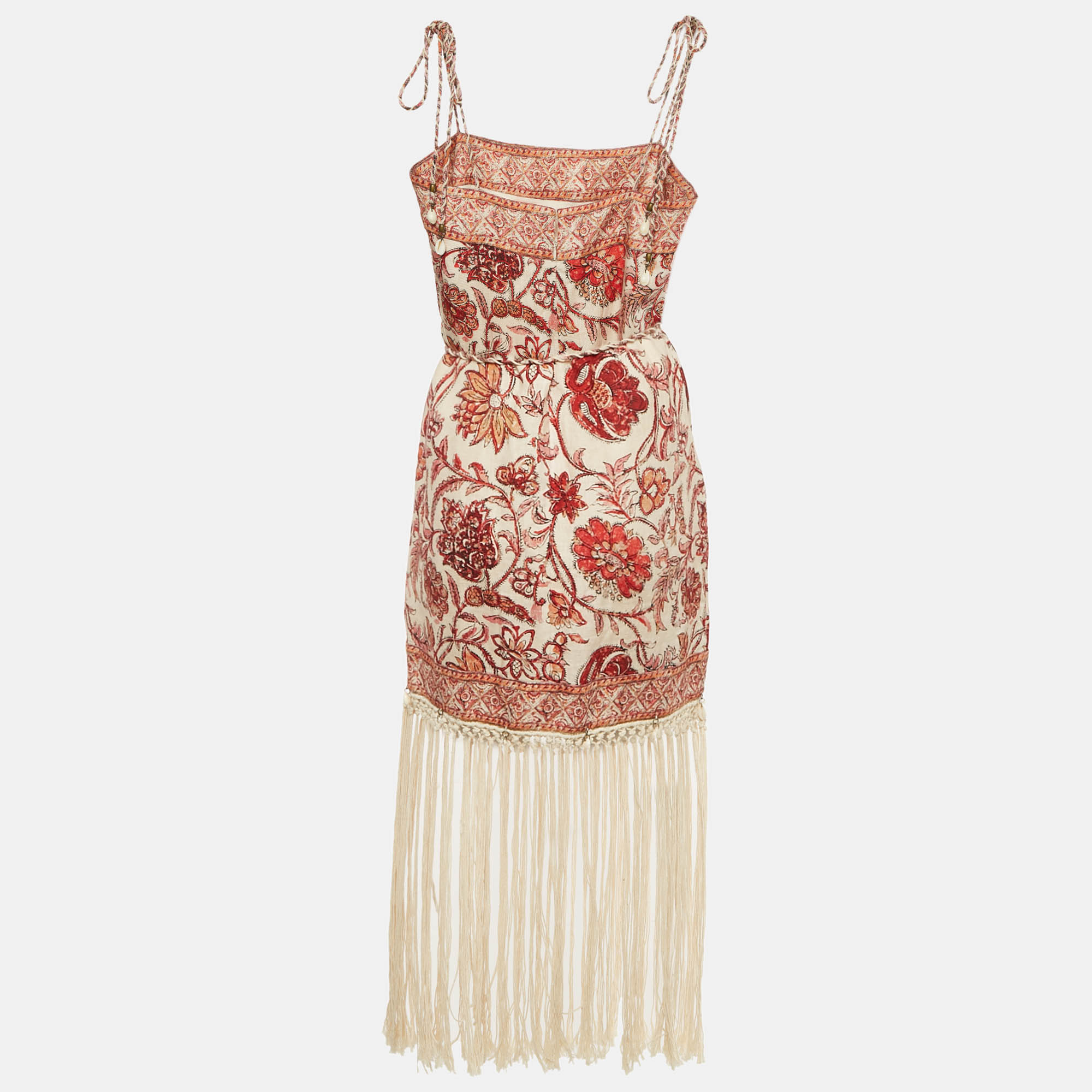 Zimmermann Multicolor Printed Linen Fringed Vitali Midi Dress S 