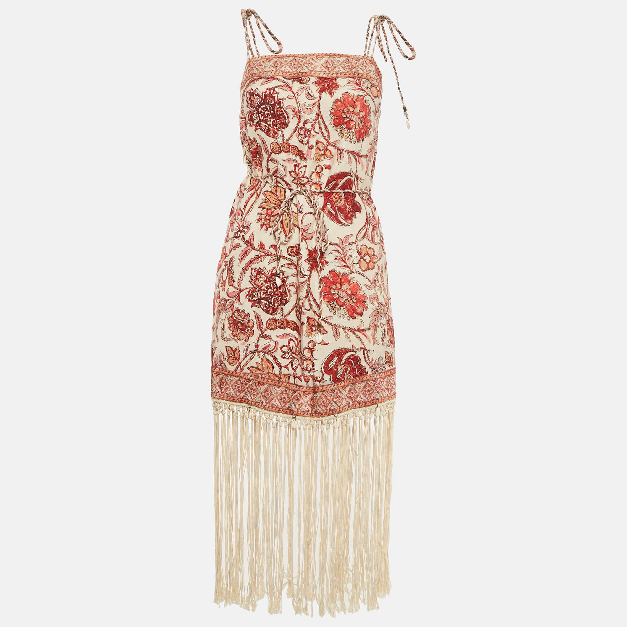 

Zimmermann Multicolor Printed Linen Fringed Vitali Midi Dress S