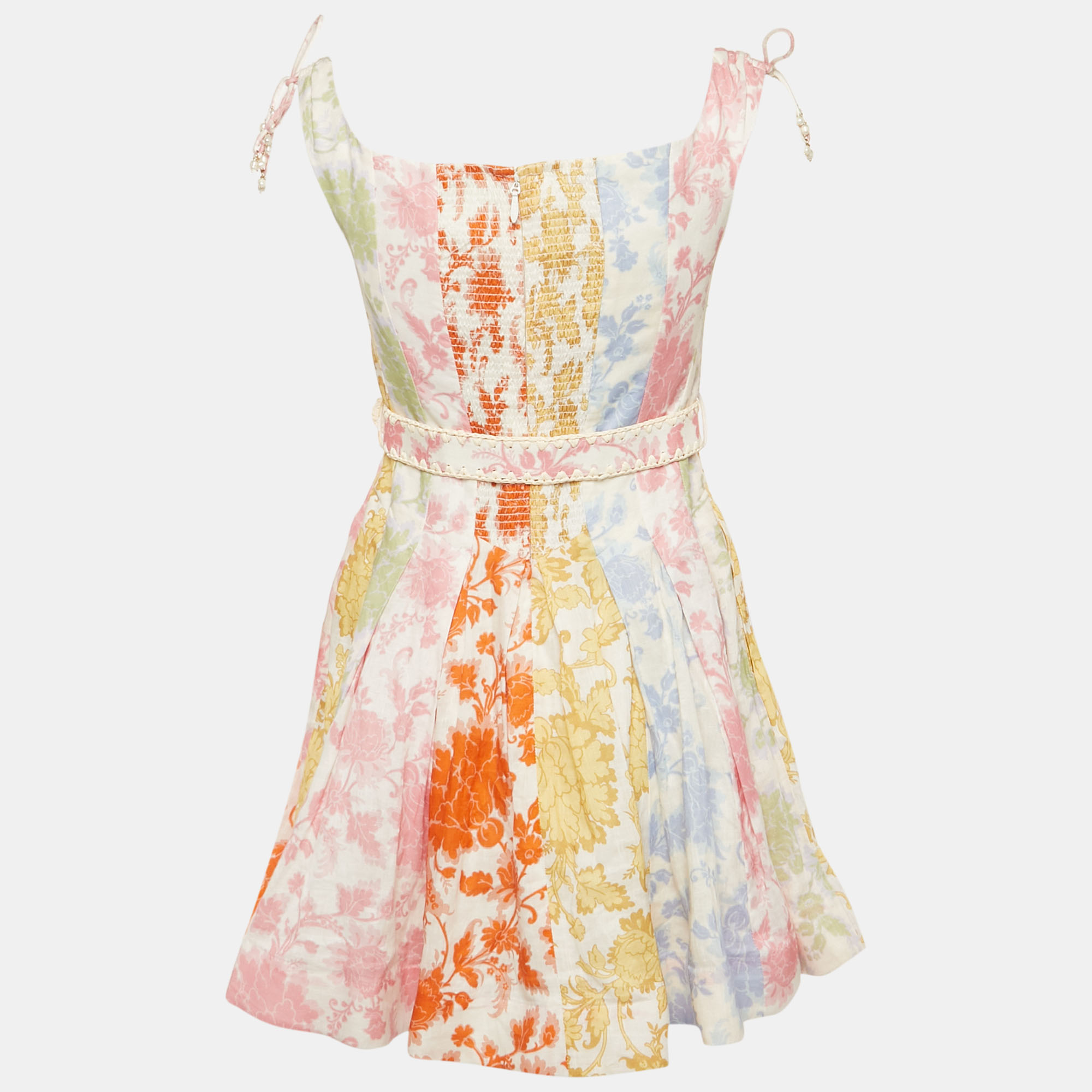 Zimmermann Multicolor Floral Print Linen Postcard Spliced Mini Dress M 