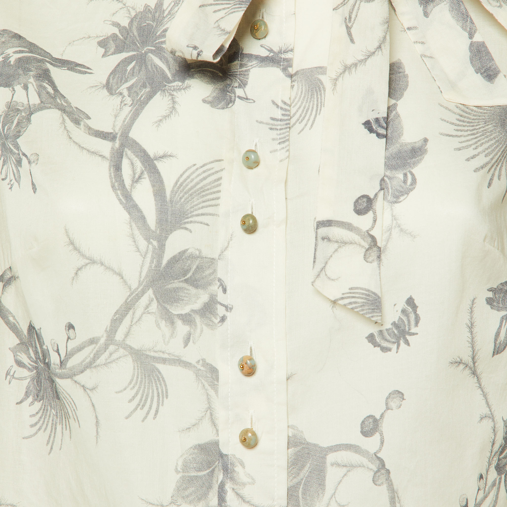 Zimmermann Keira Navy Floral Print Cotton Tie Neck Blouse S 
