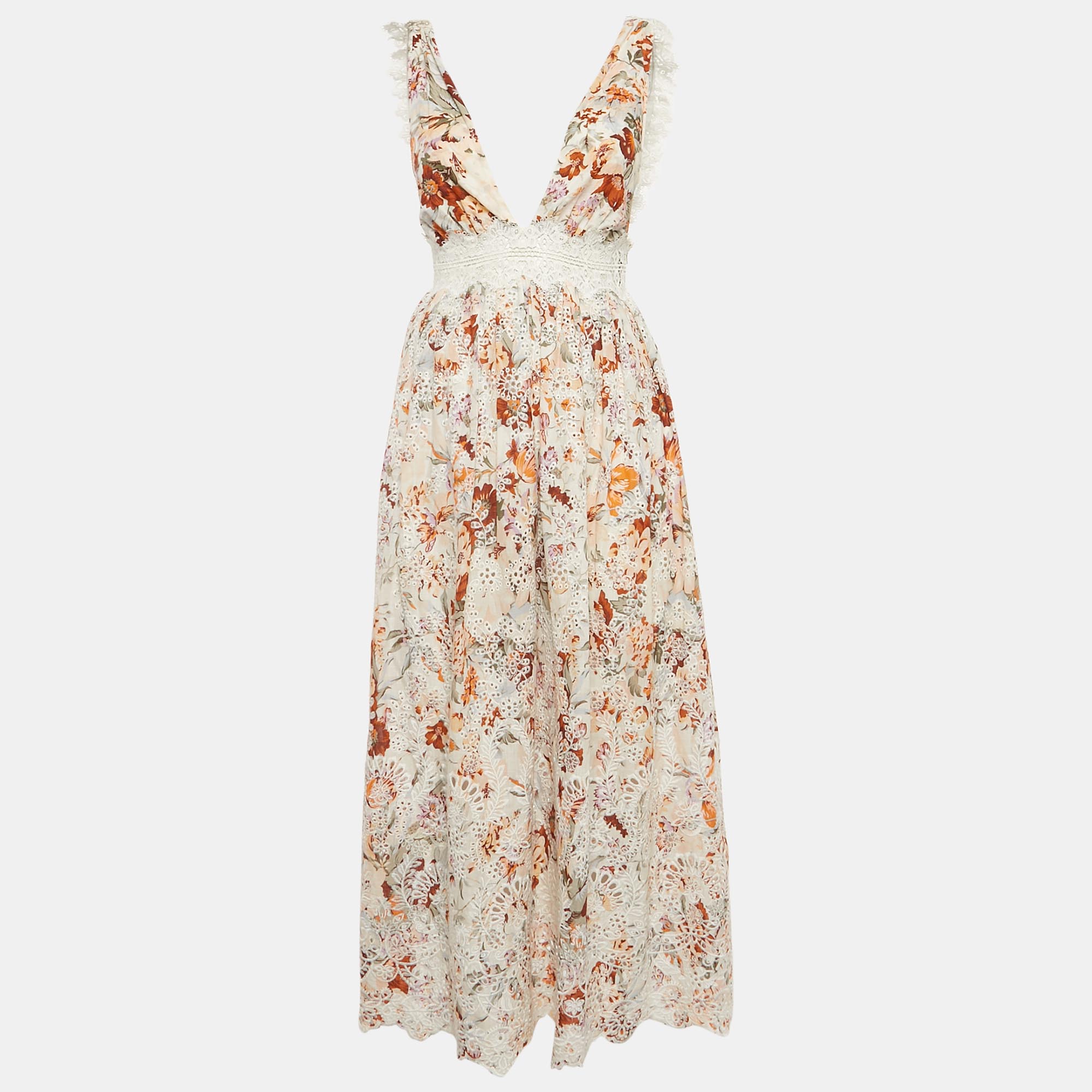 

Zimmermann Multicolor Embroidered Cotton Lace Trimmed Midi Dress XS