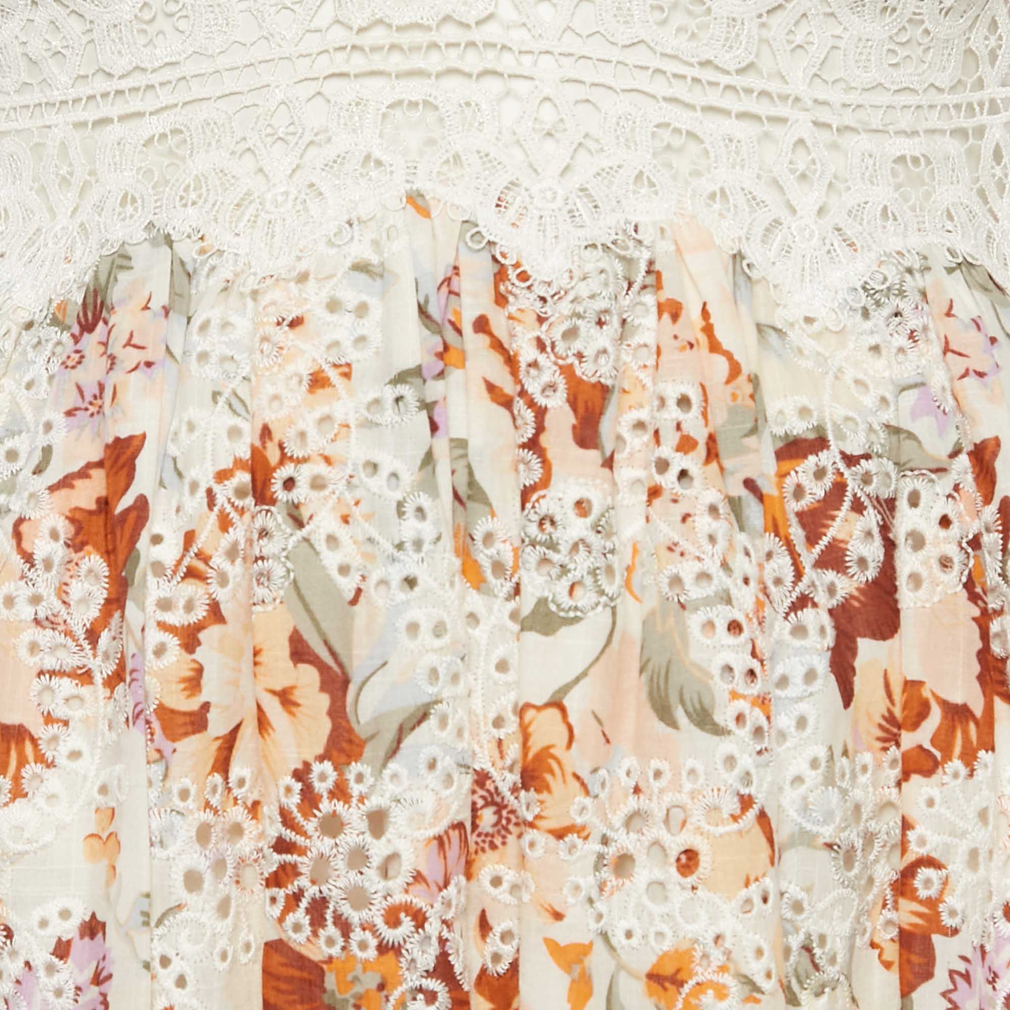 Zimmermann Multicolor Embroidered Cotton Lace Trimmed Midi Dress XS 