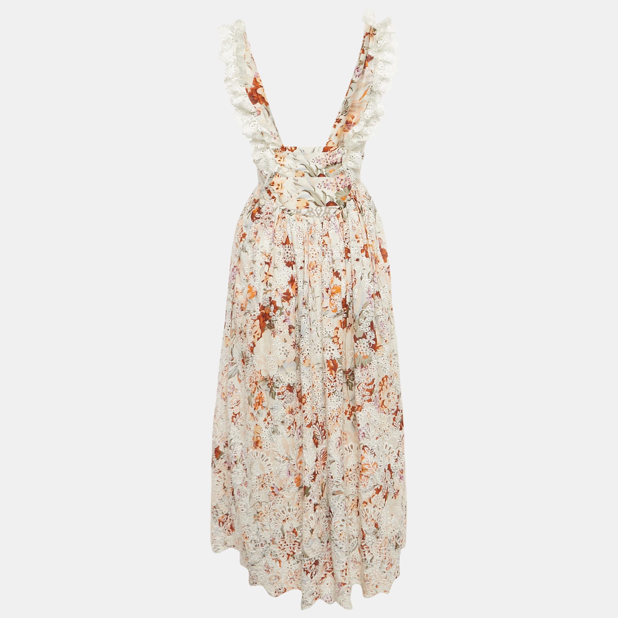Zimmermann Multicolor Embroidered Cotton Lace Trimmed Midi Dress XS 