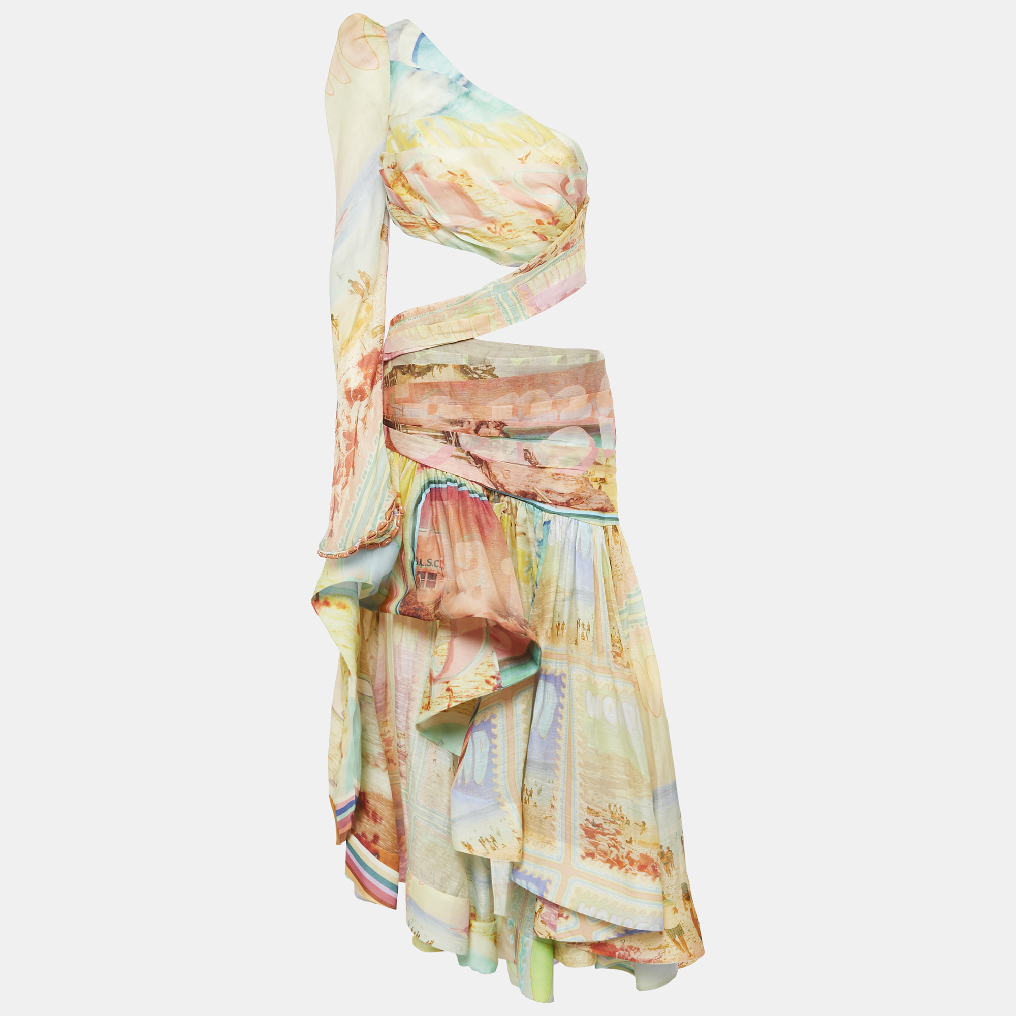 

Zimmermann Multicolor Printed Linen and Silk Cut-Out Detail One Shoulder Gown M