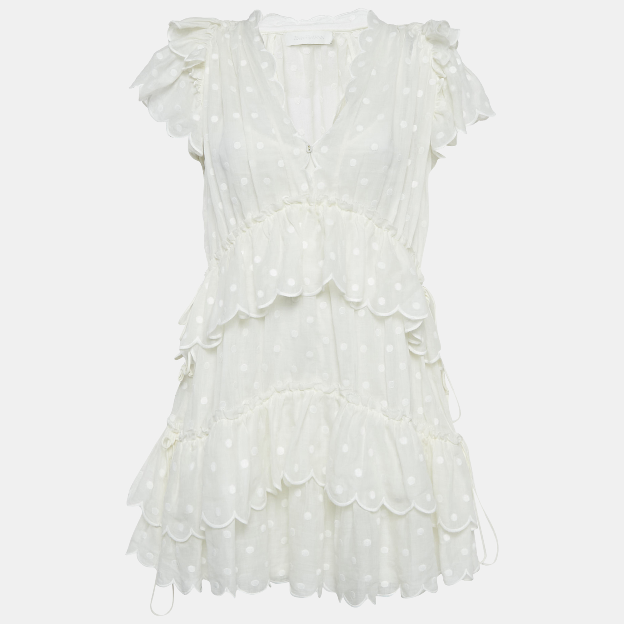 

Zimmermann White Polka Dots Embroidered Ramie Tiered Mini Dress S