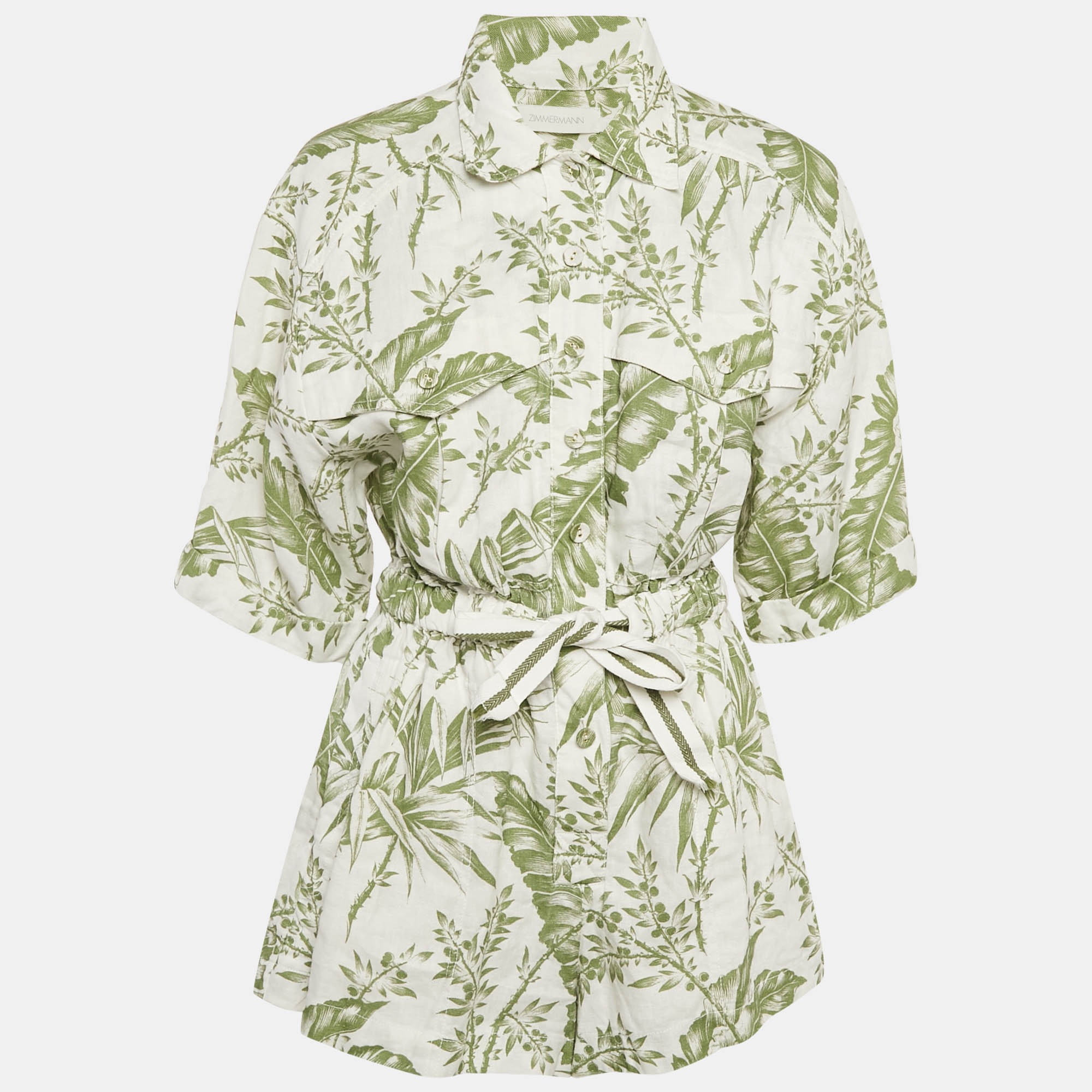 

Zimmermann White/Green Leaf Print Linen Empire Playsuit M