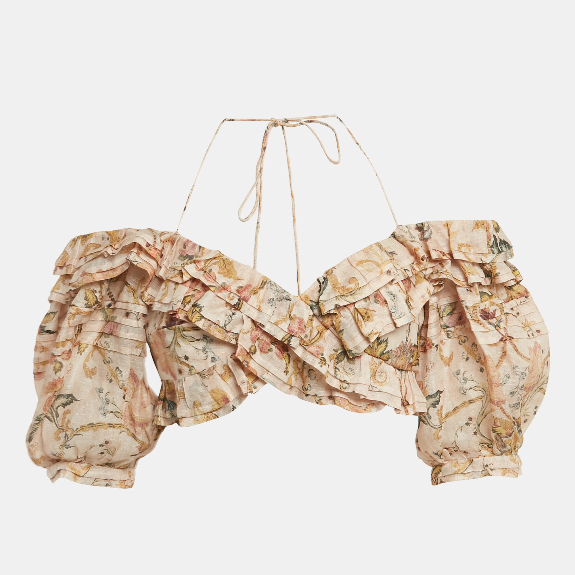 

Zimmermann Beige Floral Print Linen Ruffled Crop Top M