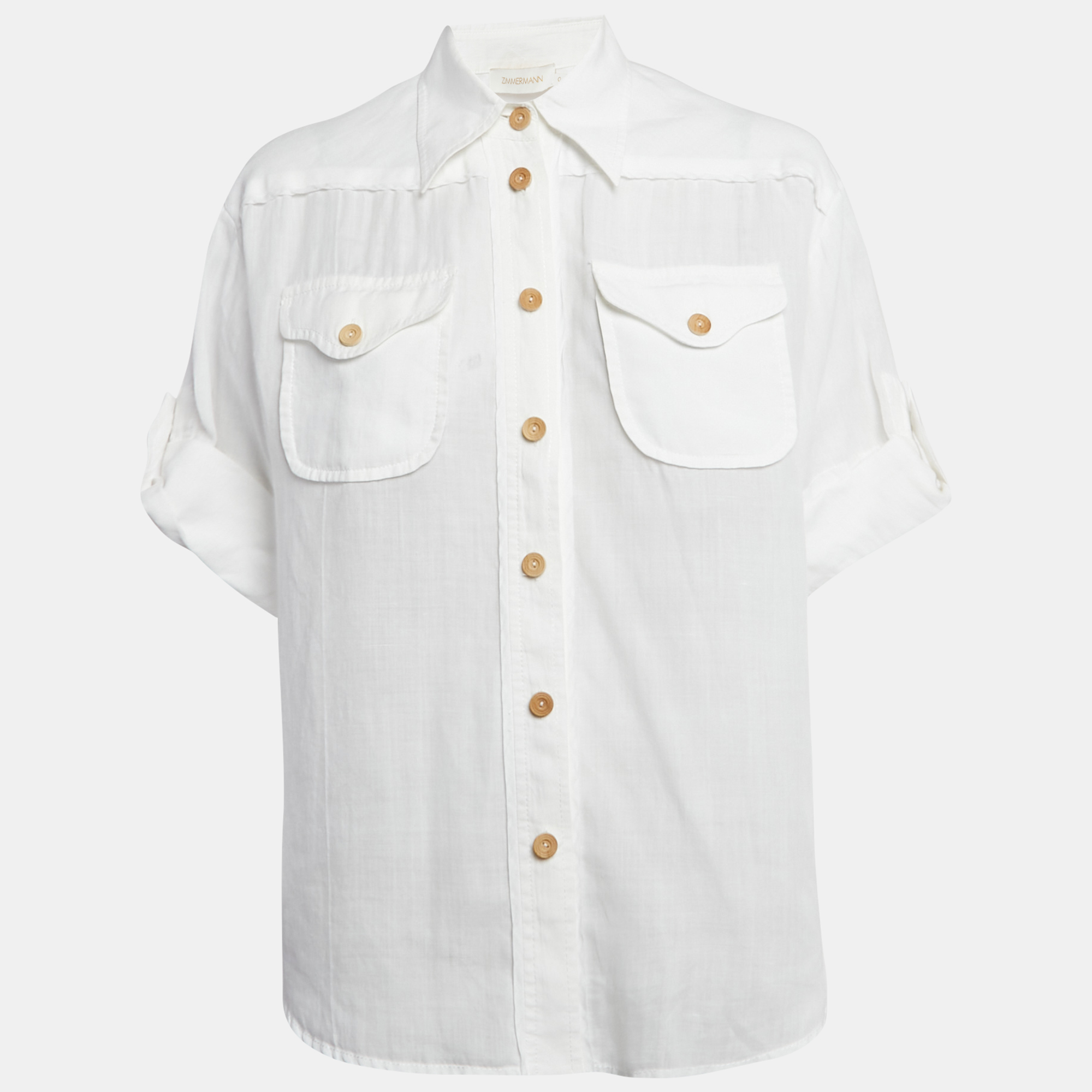 

Zimmermann White Ramie Pocket Detail Short Sleeve Shirt S