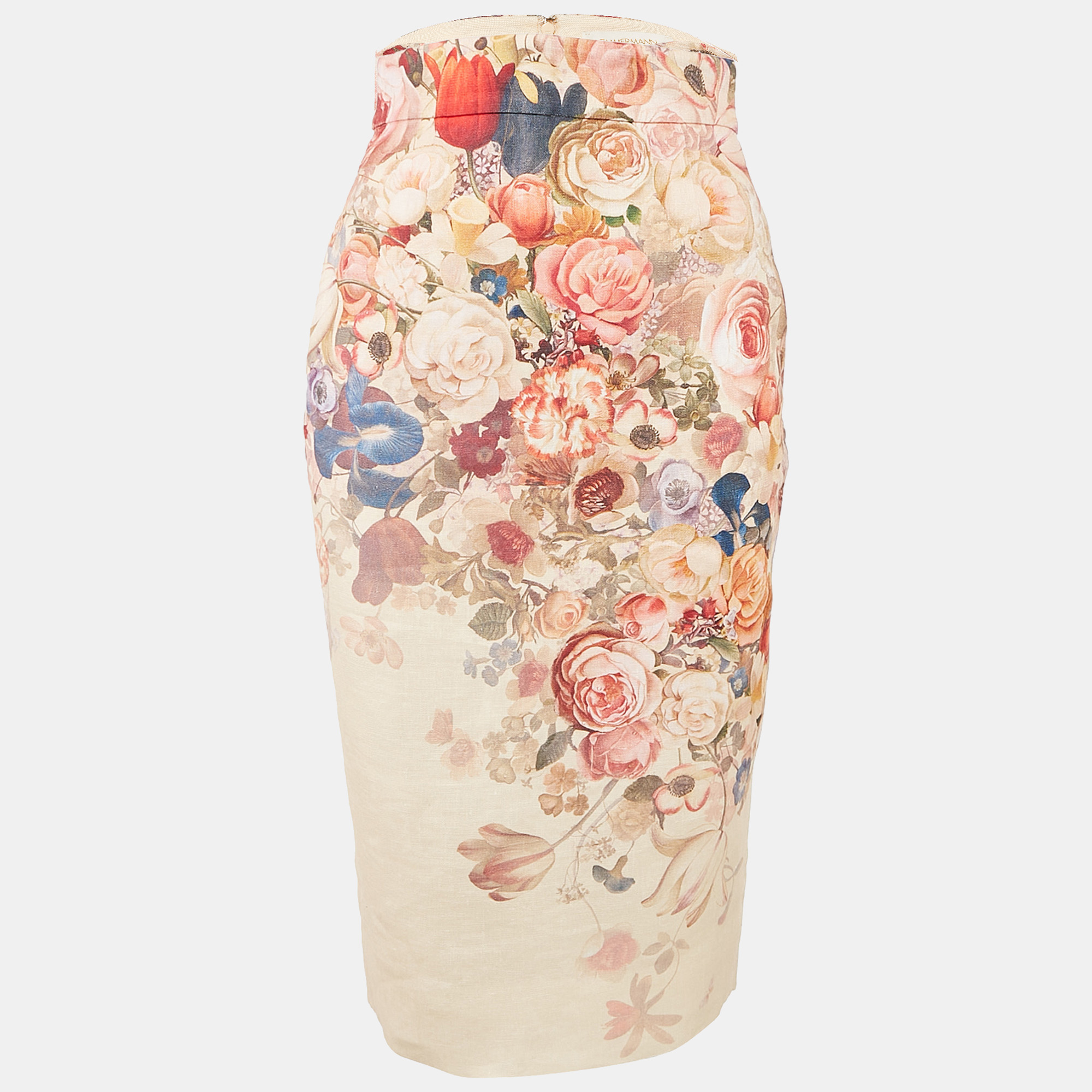 

Zimmermann Peach Floral Print Linen Luminosity Midi Skirt S, Pink