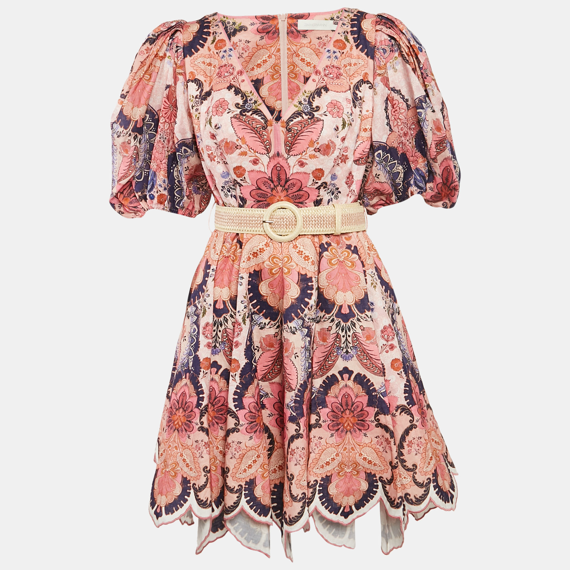 

Zimmermann Pink Floral Print Linen Belted Mini Dress M