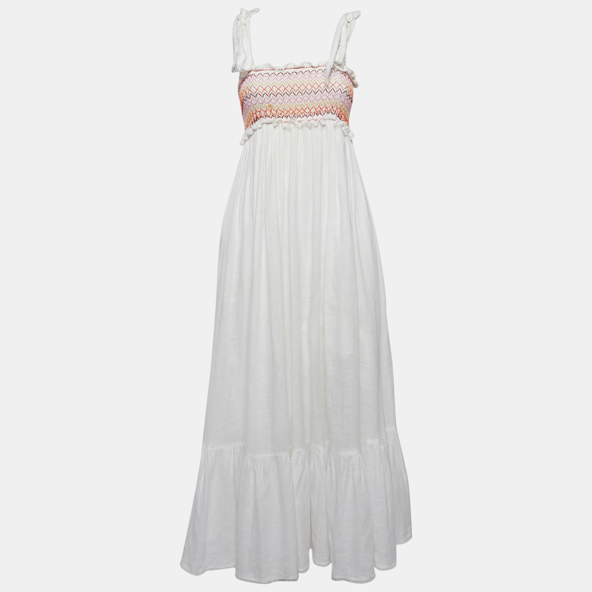 

Zimmermann White Linen Shirring Tie-Up Sleeve Midi Dress L